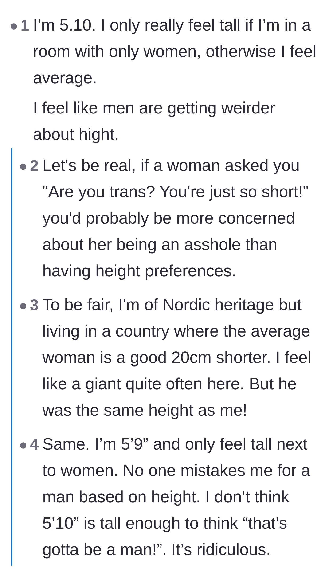 Comment thread 2 - A discussion on how 5'10' is a very normal height and men's growing insecurities about it.
