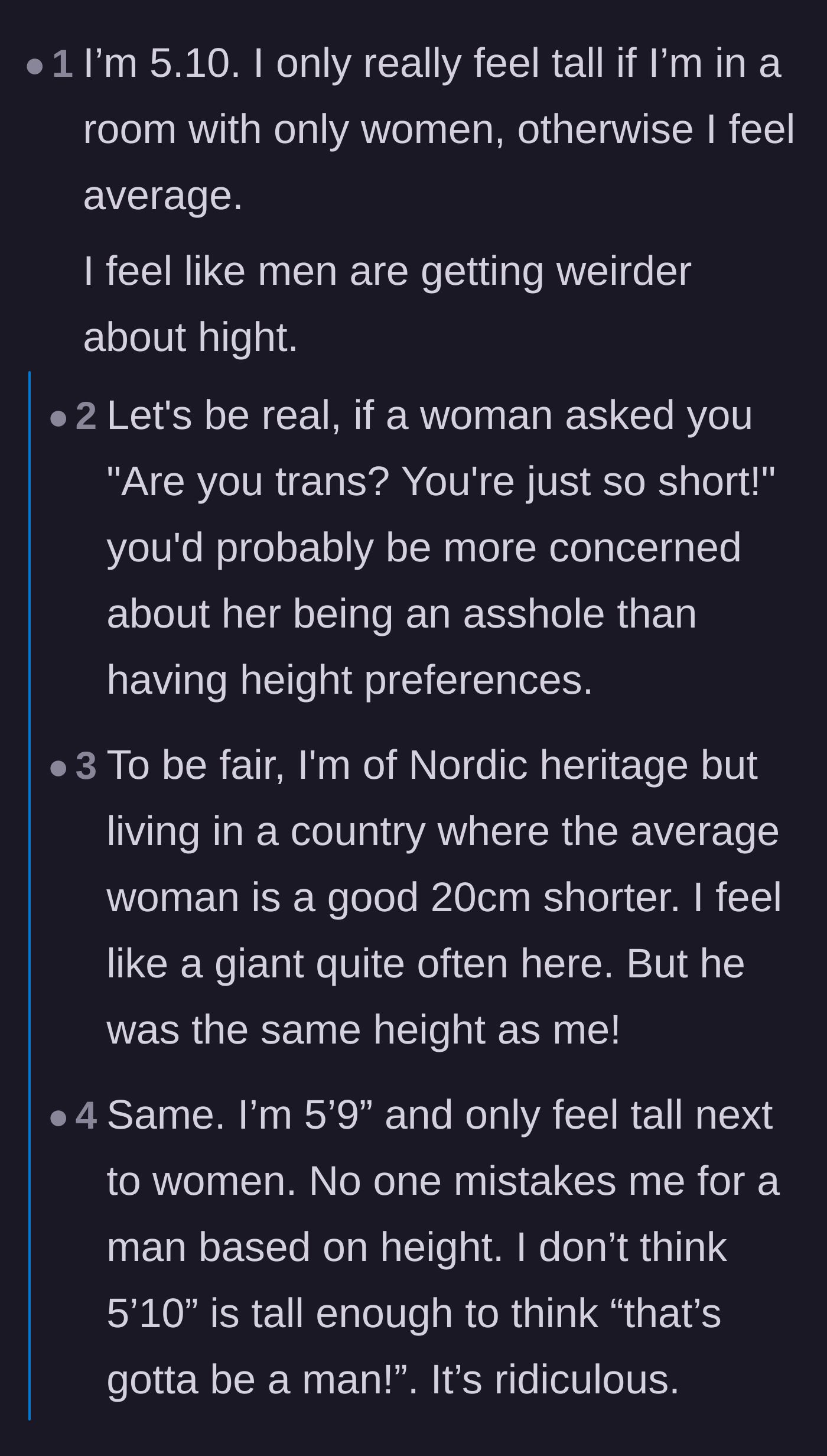 Comment thread 2 - A discussion on how 5'10' is a very normal height and men's growing insecurities about it.