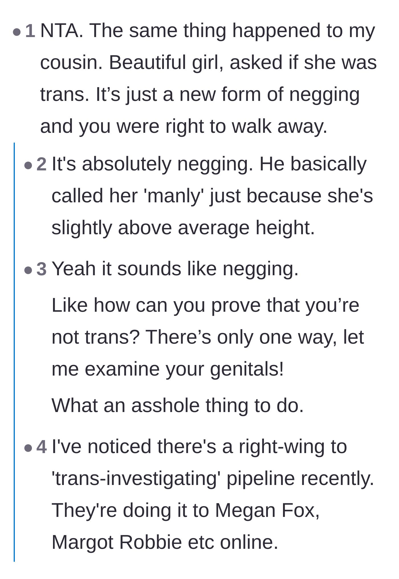 Comment thread 3 - Readers identifying the date's question as a classic 'negging' manipulation tactic.