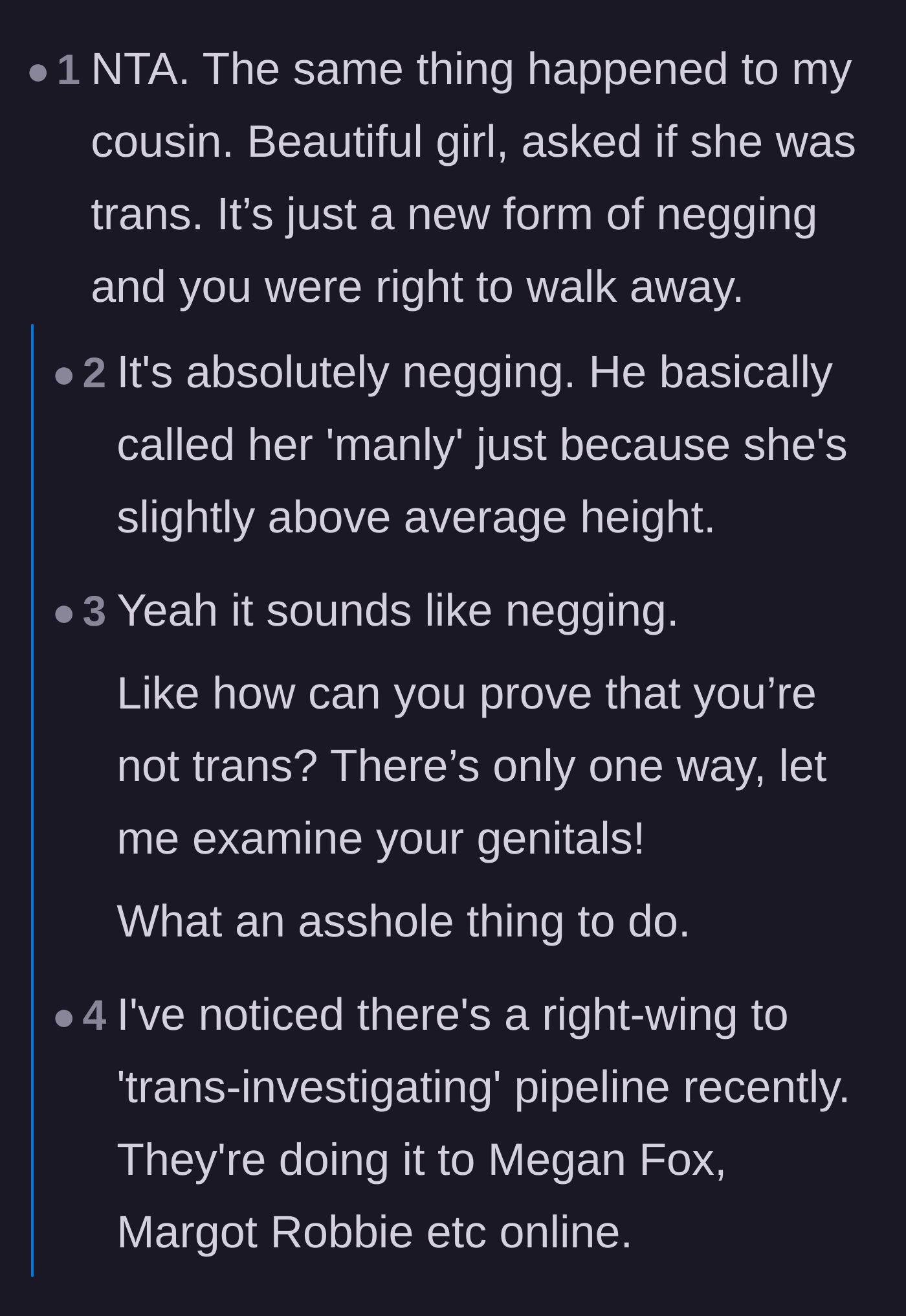 Comment thread 3 - Readers identifying the date's question as a classic 'negging' manipulation tactic.