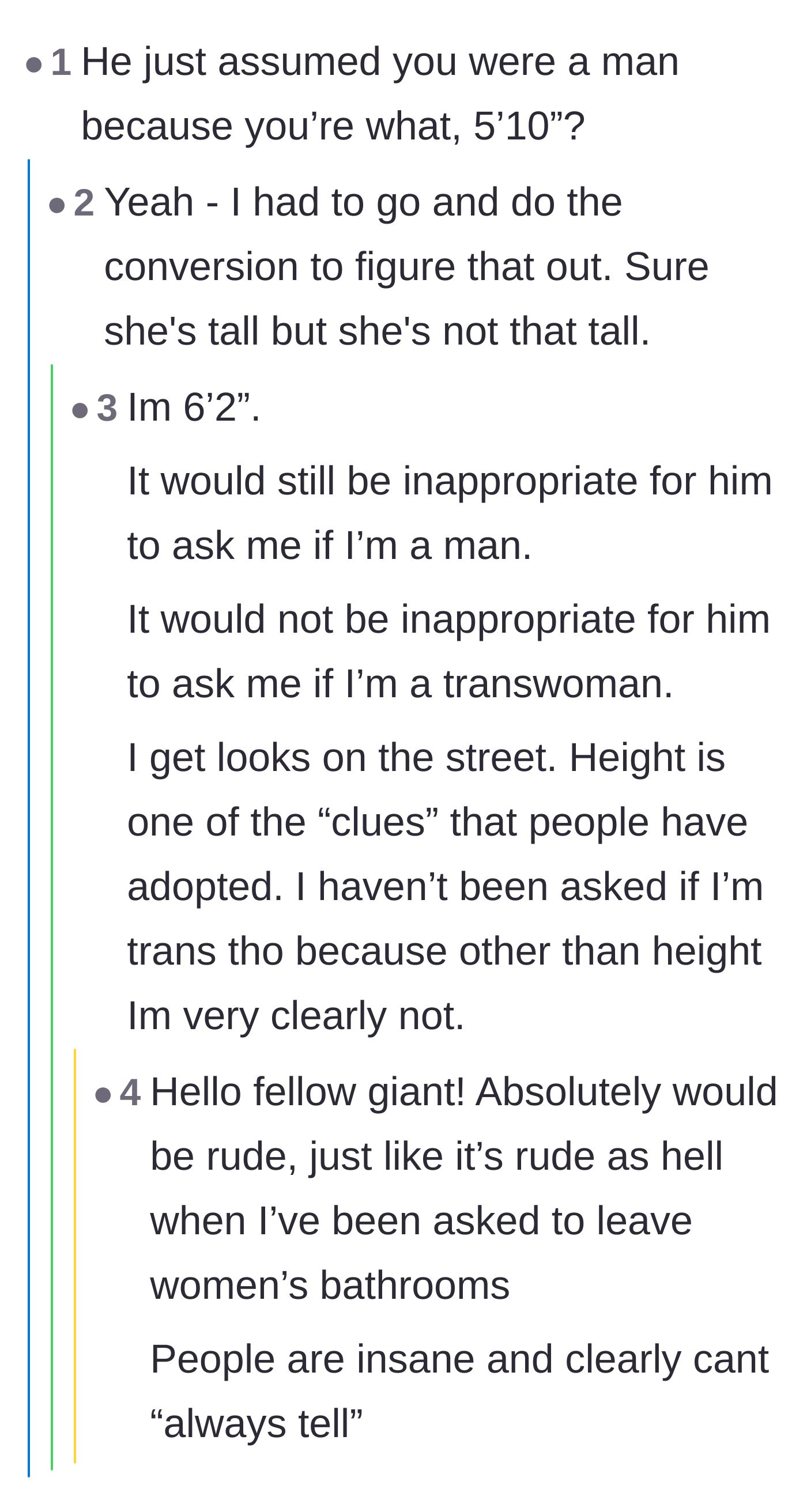 Comment thread 4 - Taller women sharing their own experiences with inappropriate gender policing based on height.