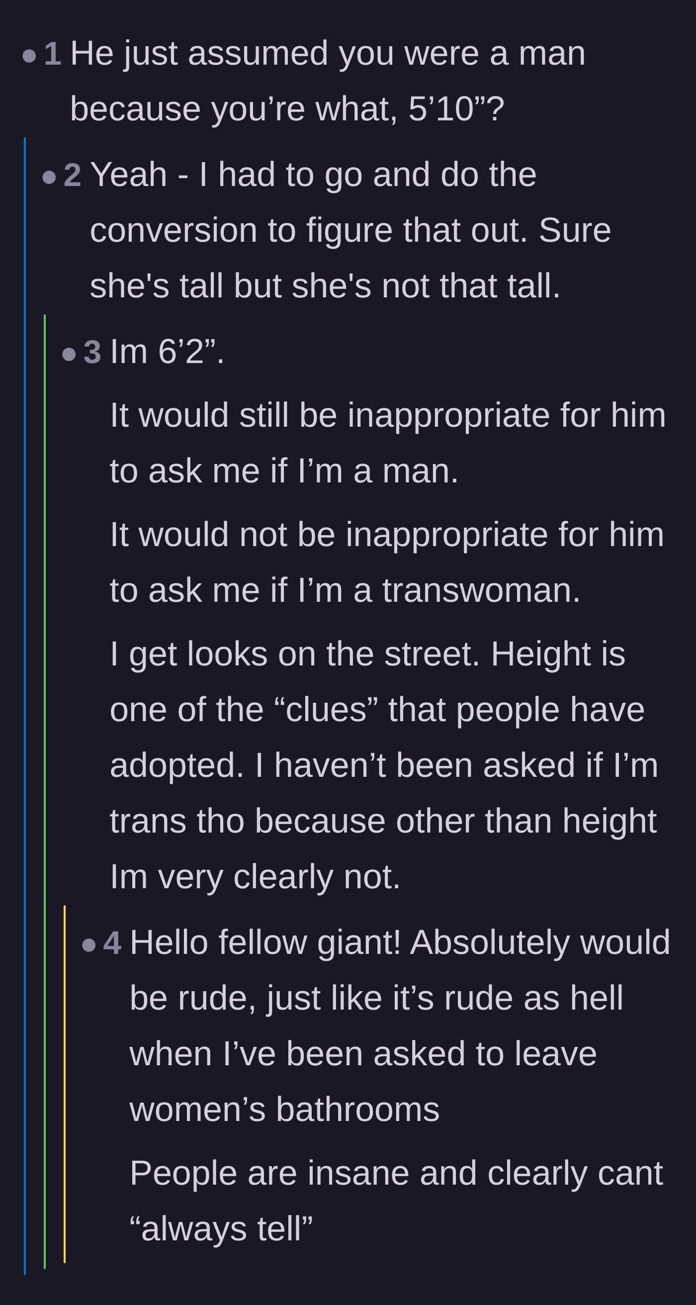 Comment thread 4 - Taller women sharing their own experiences with inappropriate gender policing based on height.