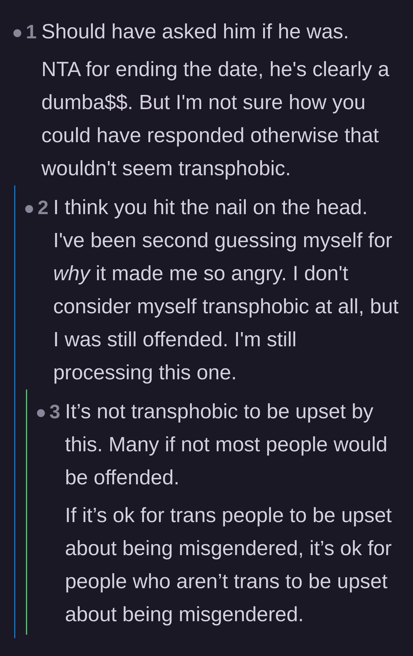 Comment thread 6 - A nuanced conversation about why being misgendered is hurtful, untangling it from transphobia.