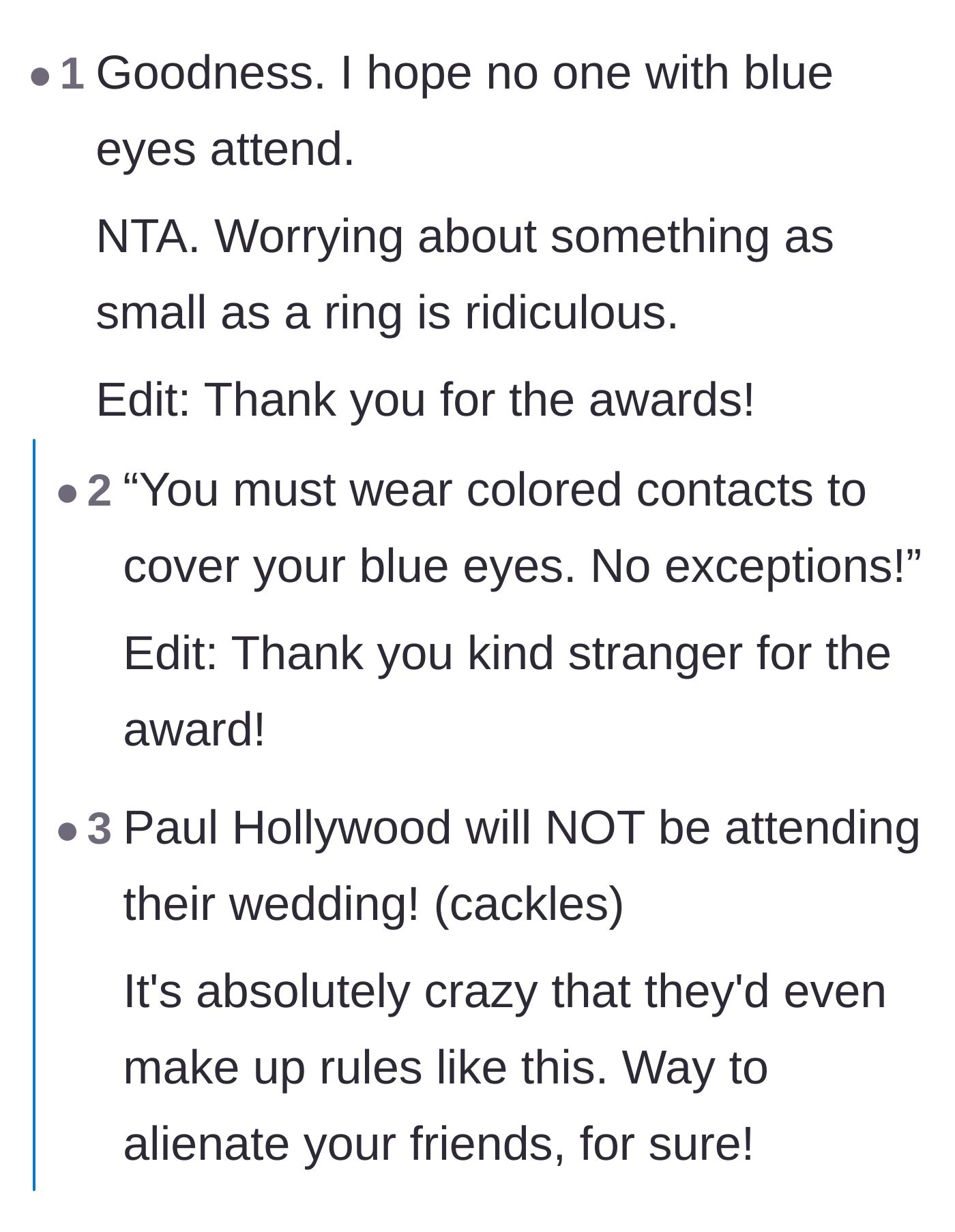 Comment thread 1 - Readers joke about the couple banning blue eyes from the wedding next.