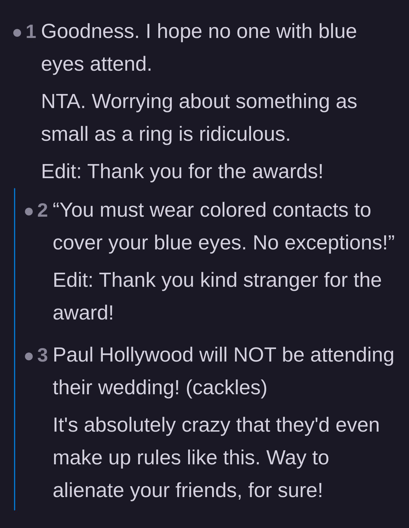 Comment thread 1 - Readers joke about the couple banning blue eyes from the wedding next.