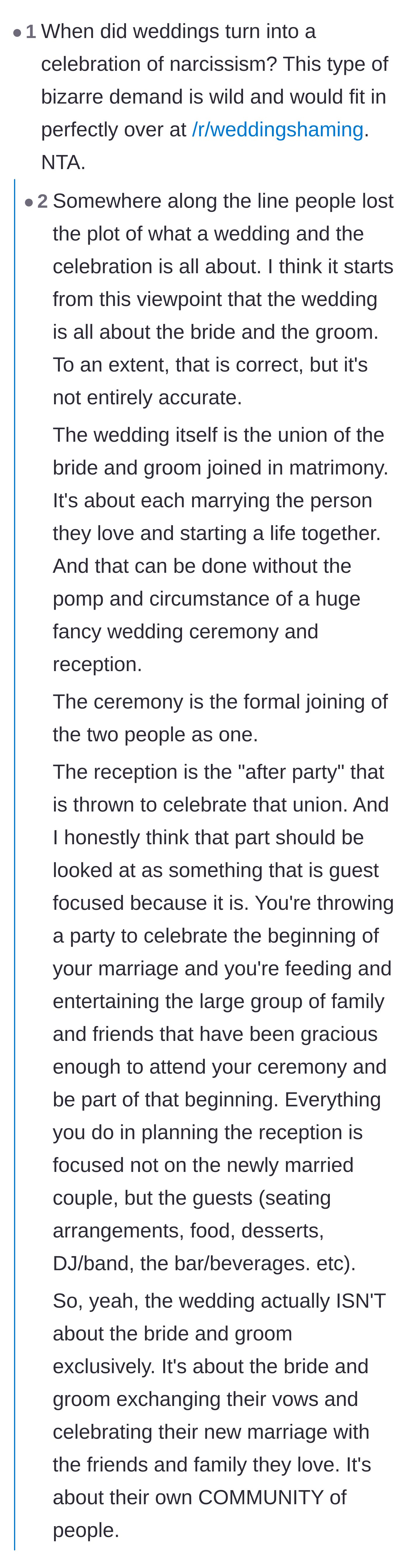 Comment thread 4 - A deep dive into how modern weddings have become celebrations of narcissism rather than community.