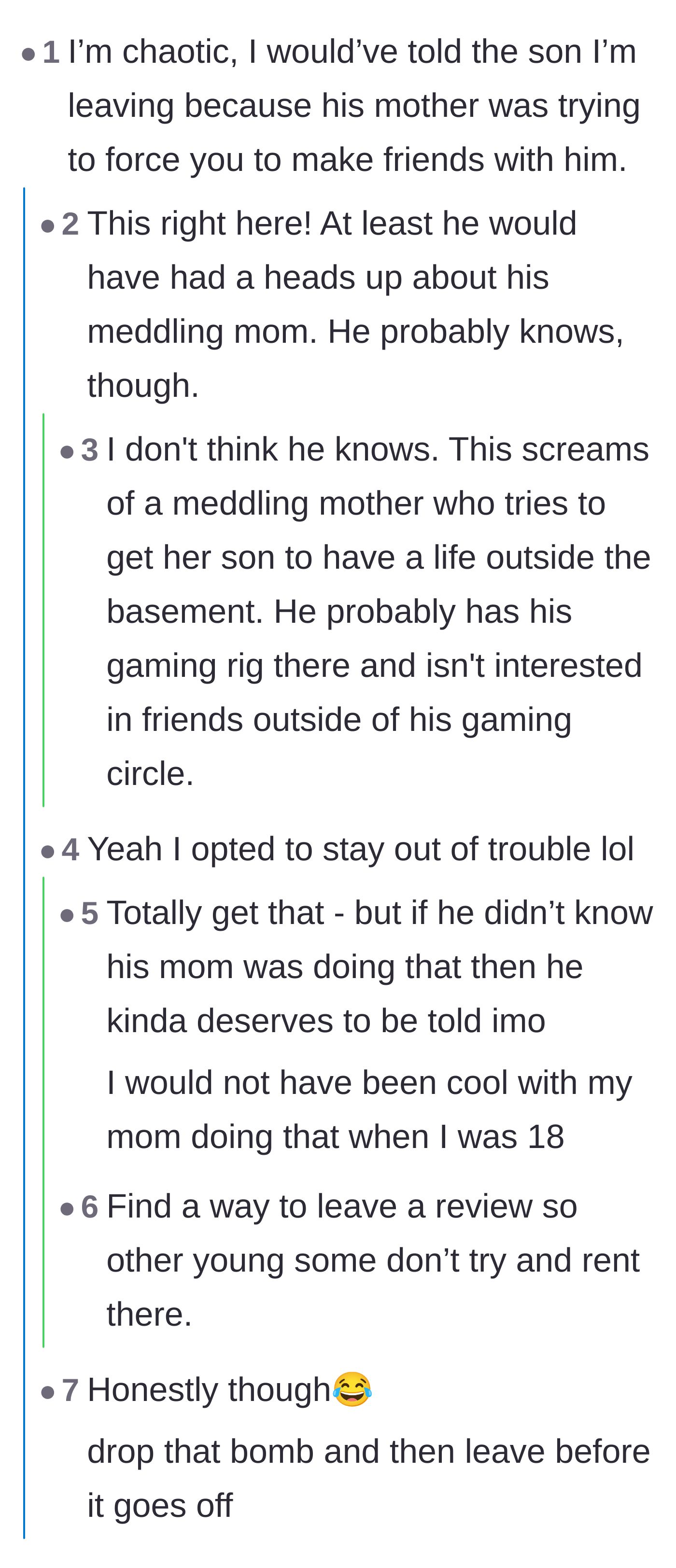 Comment thread 1 - A debate on whether the tenant should have told the son about his mother's secret matchmaking scheme before moving out.