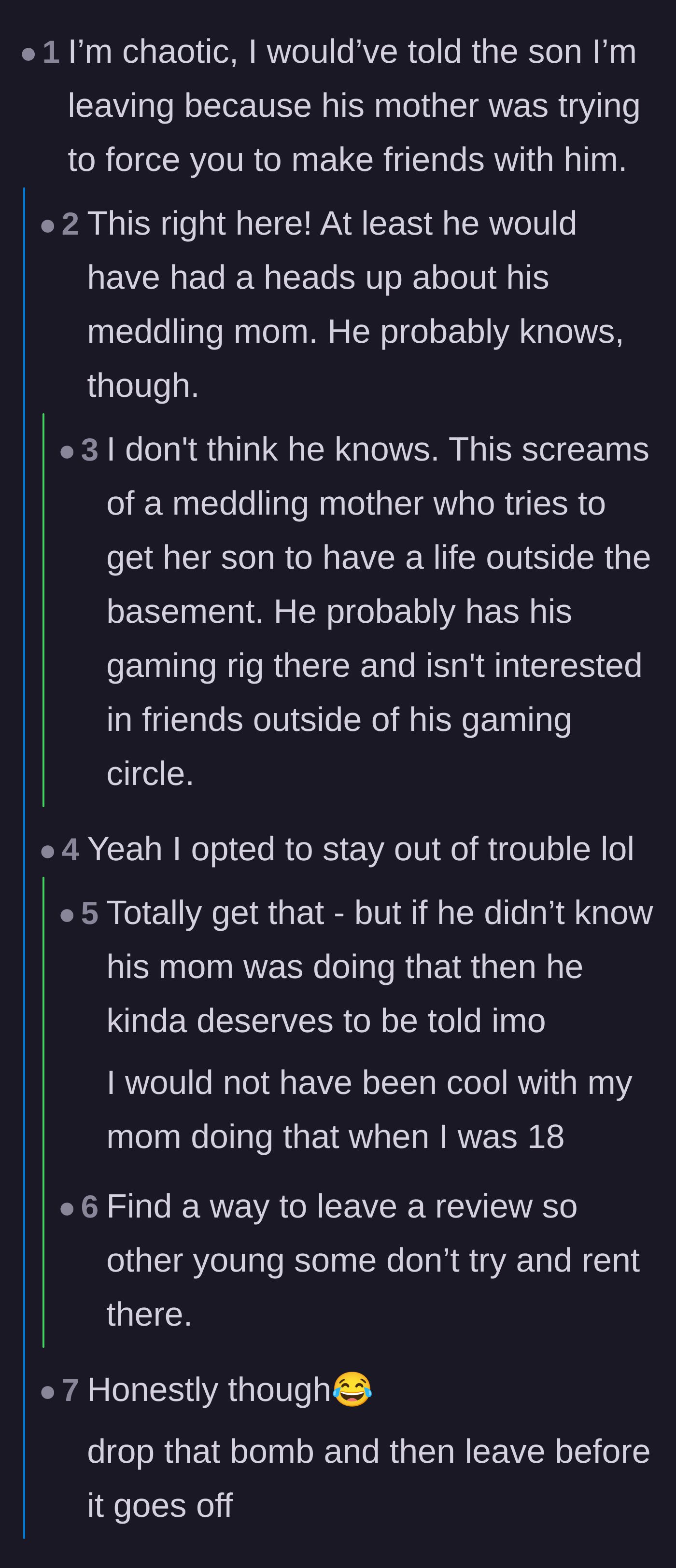 Comment thread 1 - A debate on whether the tenant should have told the son about his mother's secret matchmaking scheme before moving out.