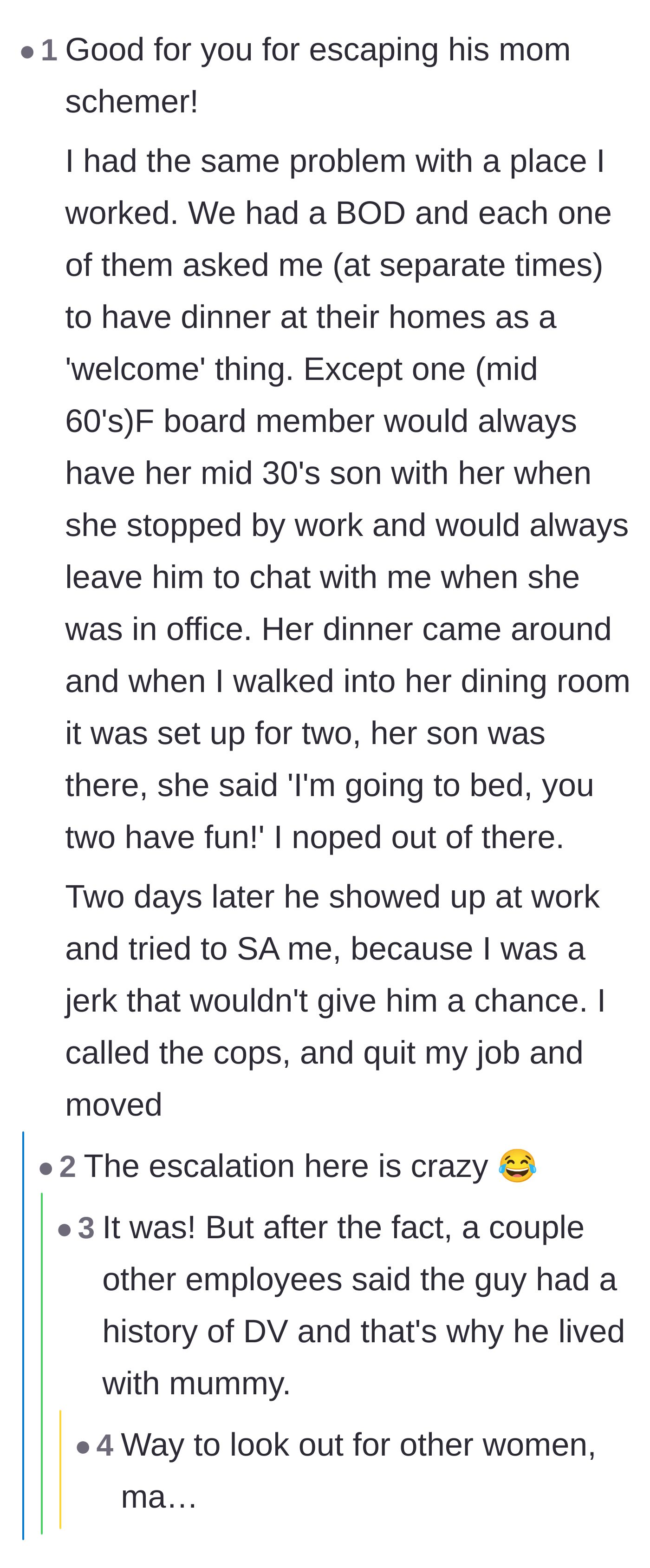 Comment thread 2 - A user shares a deeply concerning parallel story about a workplace setup that escalated into a dangerous situation.