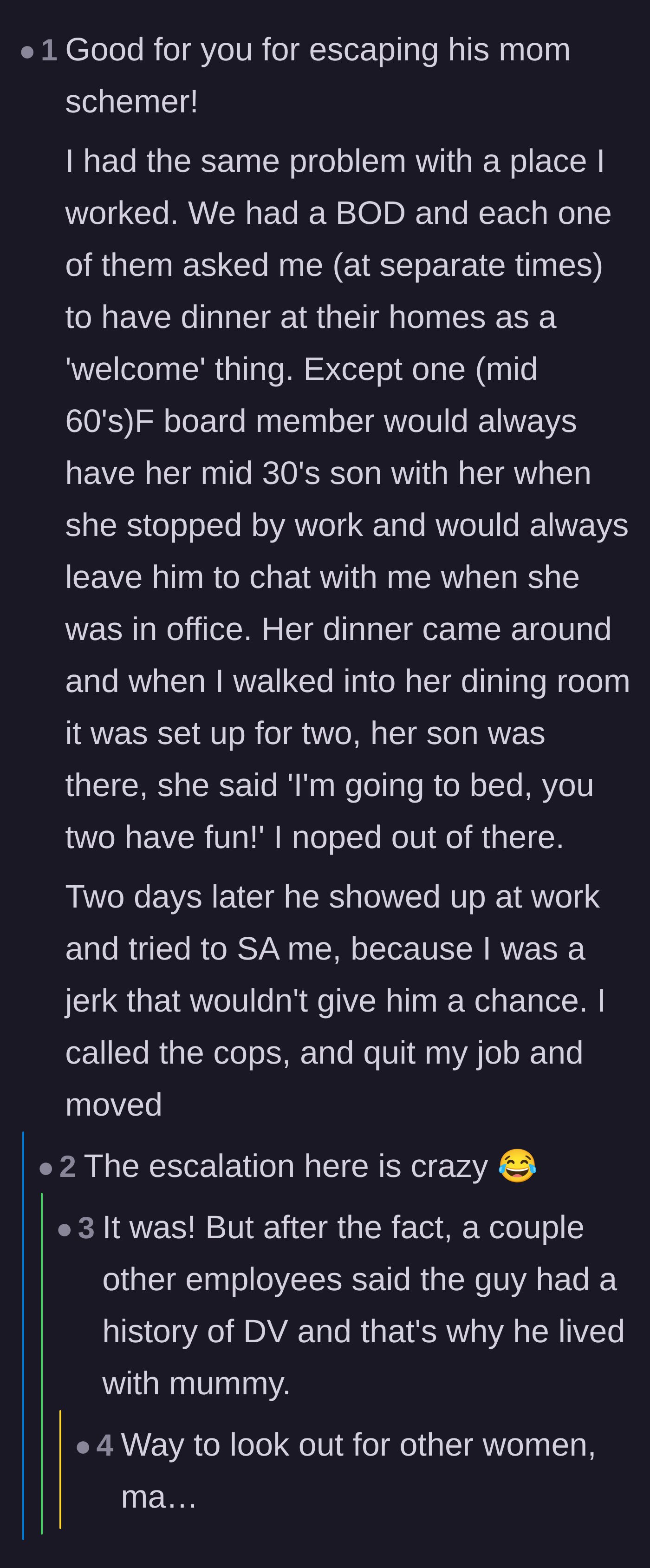 Comment thread 2 - A user shares a deeply concerning parallel story about a workplace setup that escalated into a dangerous situation.