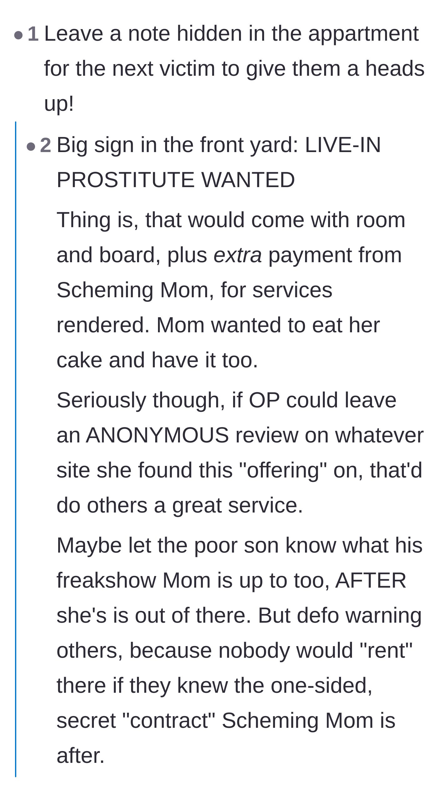 Comment thread 4 - Suggestions to leave a hidden warning note or an anonymous online review to protect future tenants.