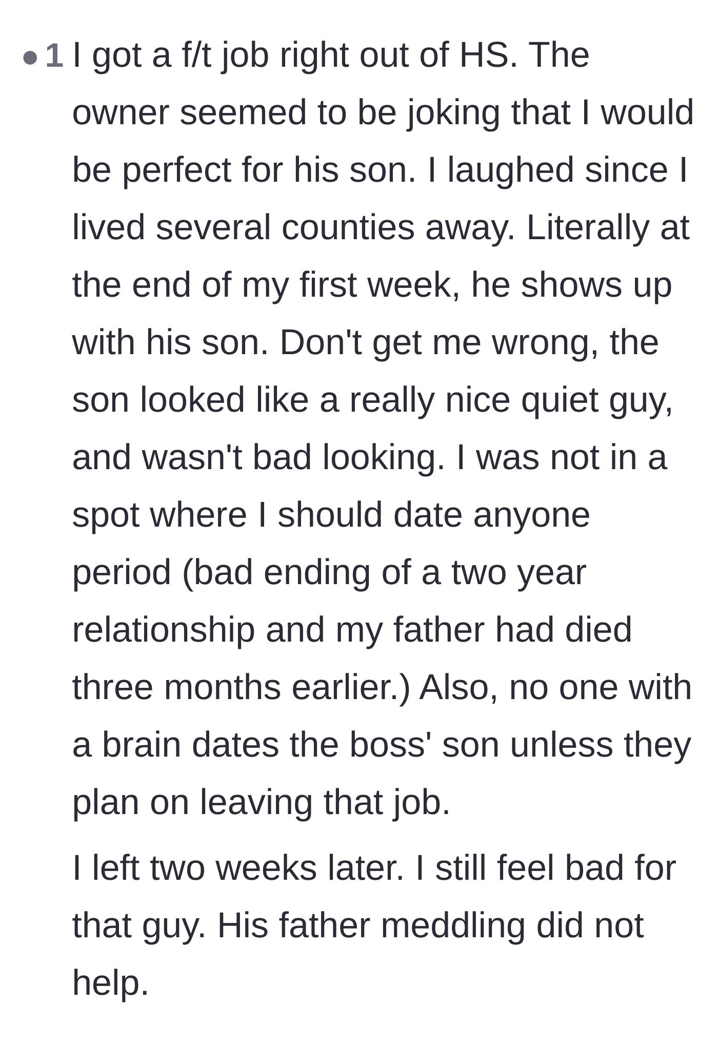 Comment thread 6 - Another reader shares a similar experience of quitting a job because their boss tried to force a setup with his son.