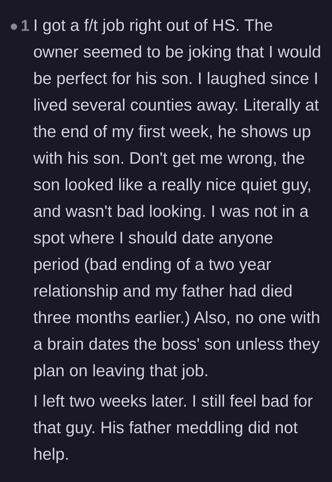 Comment thread 6 - Another reader shares a similar experience of quitting a job because their boss tried to force a setup with his son.
