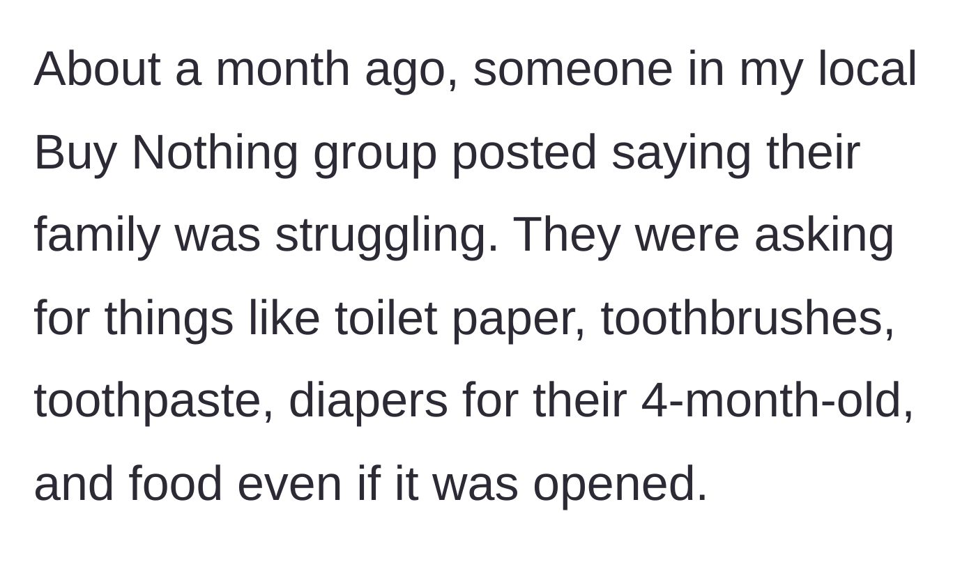 Story part 1 - A screenshot of a post in a local community group begging for basic household necessities, including opened food and baby supplies.