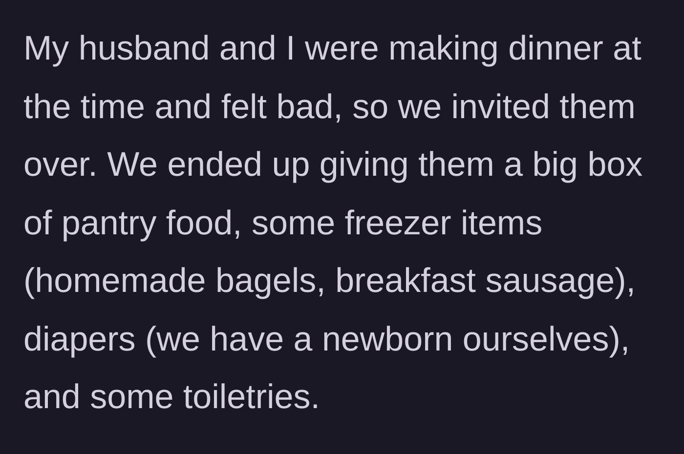 Story part 2 - A couple packing up a generous donation box filled with homemade food, pantry staples, and diapers from their own nursery.