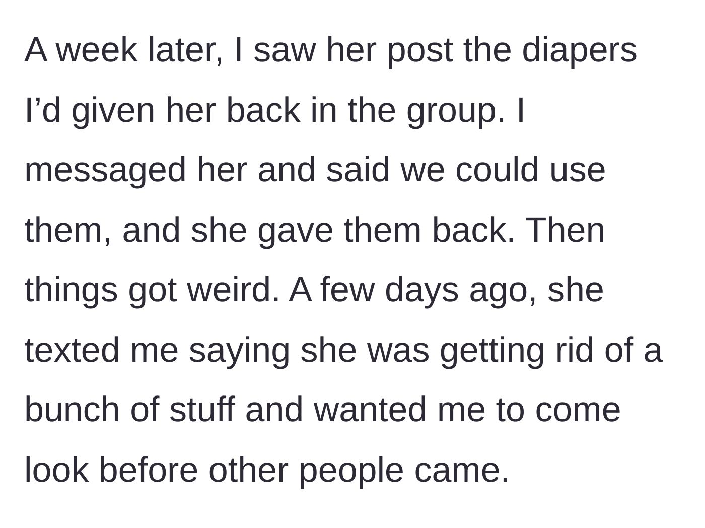 Story part 3 - A suspicious social media post showing the exact same donated diapers being offered back to the community group just days later.
