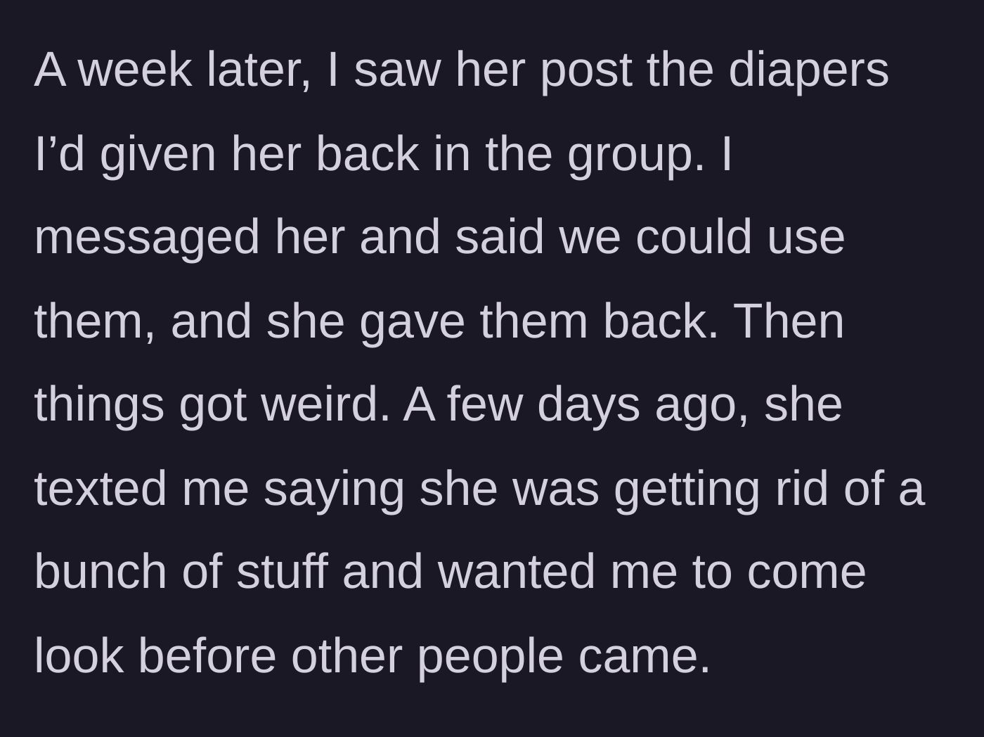 Story part 3 - A suspicious social media post showing the exact same donated diapers being offered back to the community group just days later.