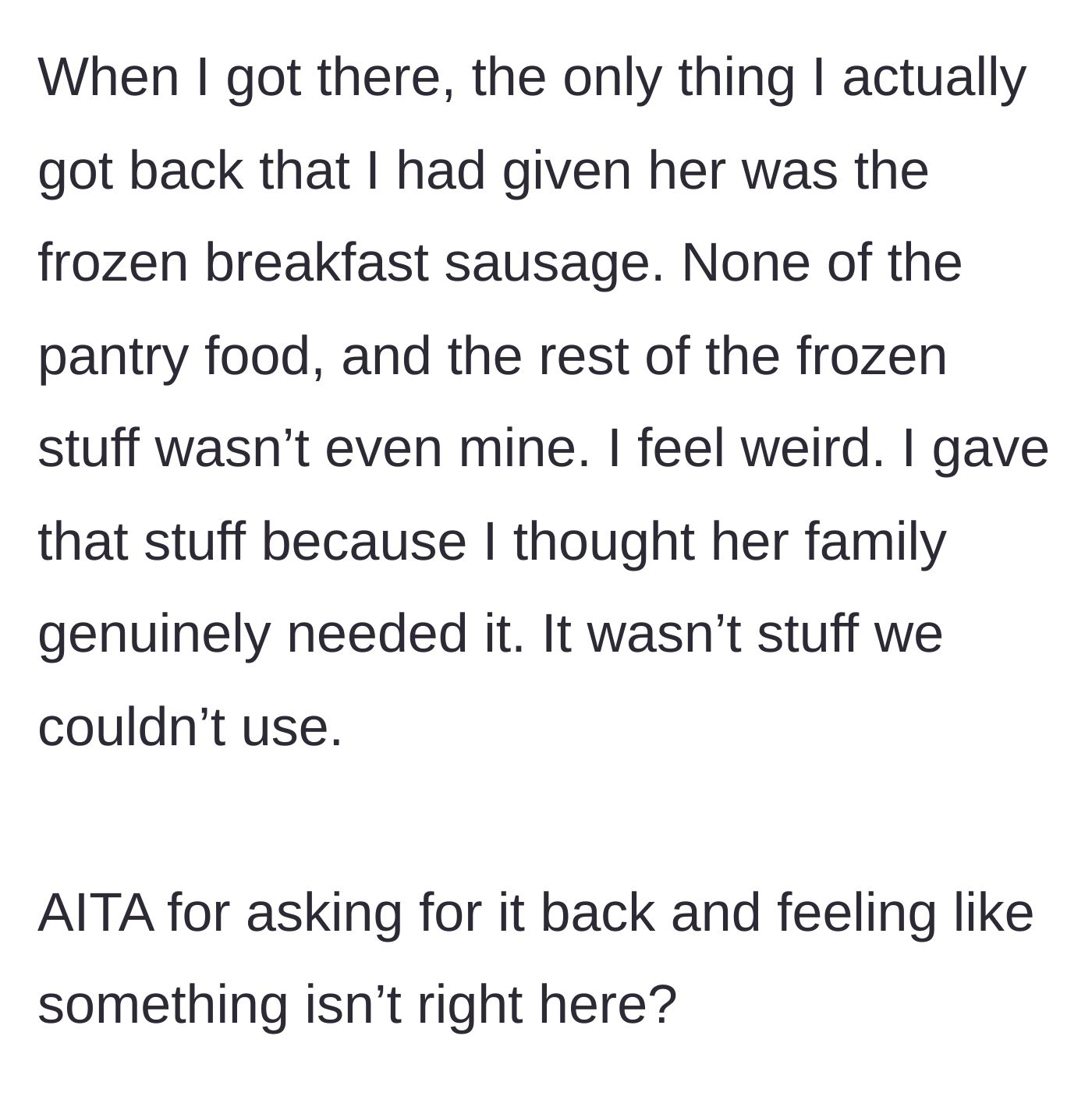 Story part 6 - A disappointing hand-off of a single package of frozen breakfast sausage amidst a pile of unrecognizable frozen items.