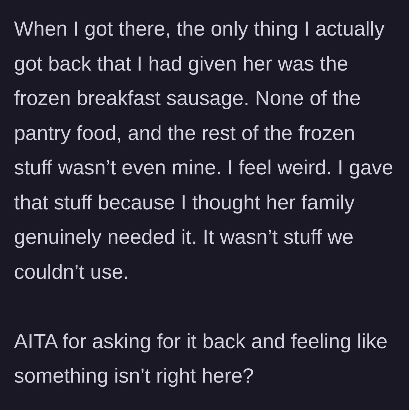 Story part 6 - A disappointing hand-off of a single package of frozen breakfast sausage amidst a pile of unrecognizable frozen items.