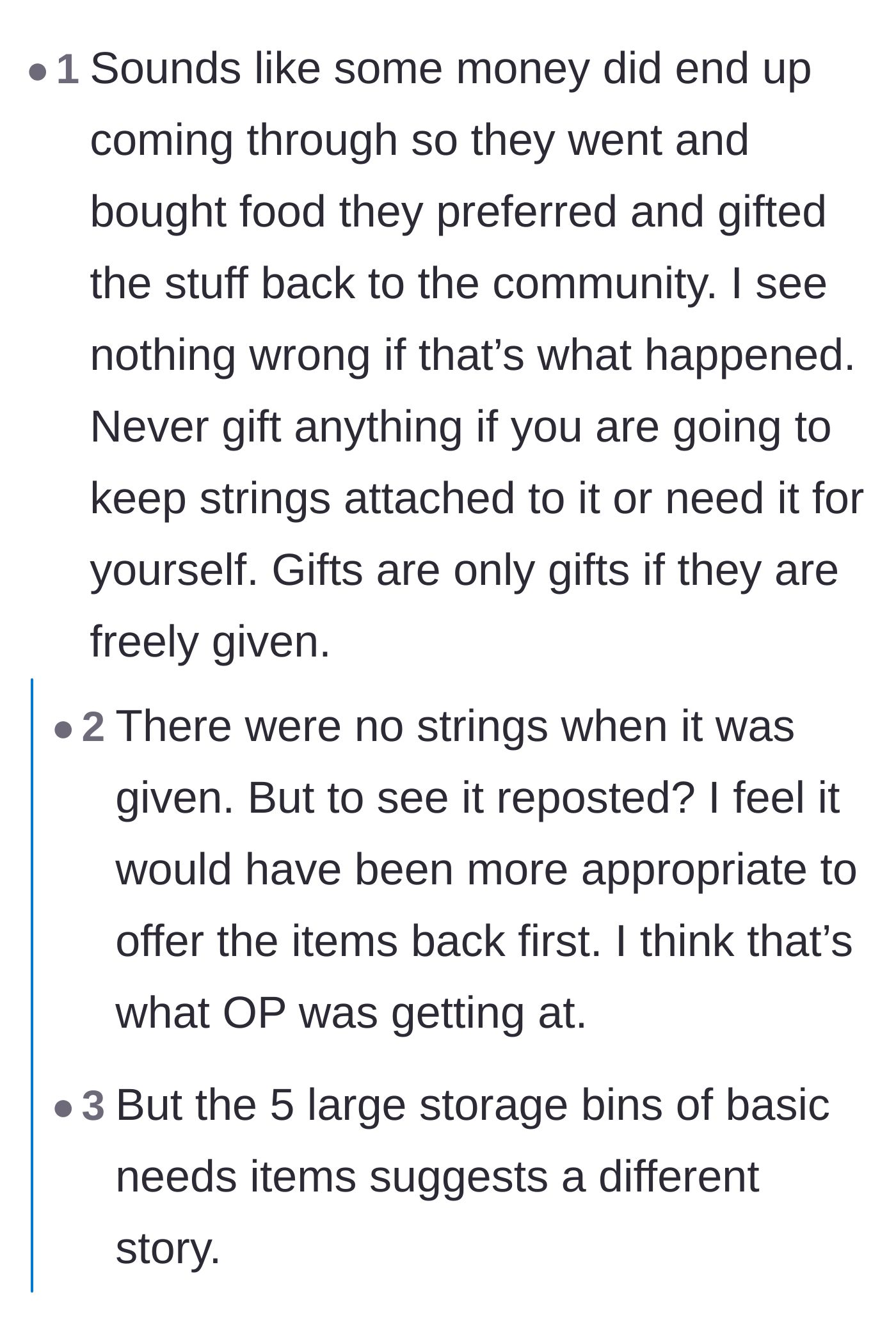 Comment thread 1 - A debate over whether charitable gifts should come with strings attached versus the suspicious nature of hoarding.