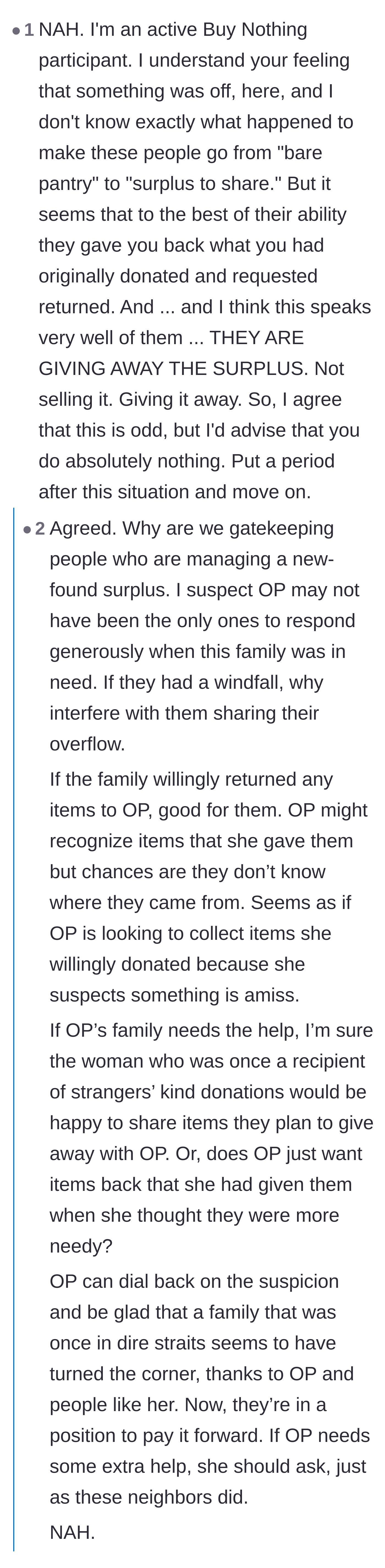 Comment thread 2 - A discussion arguing that the neighbors are simply paying a newfound surplus forward without malice.