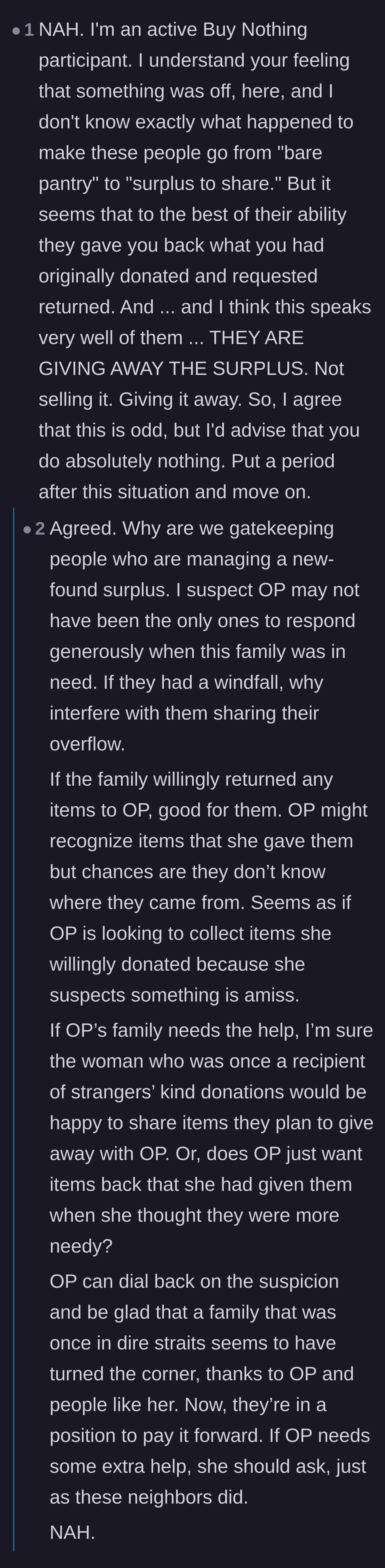 Comment thread 2 - A discussion arguing that the neighbors are simply paying a newfound surplus forward without malice.