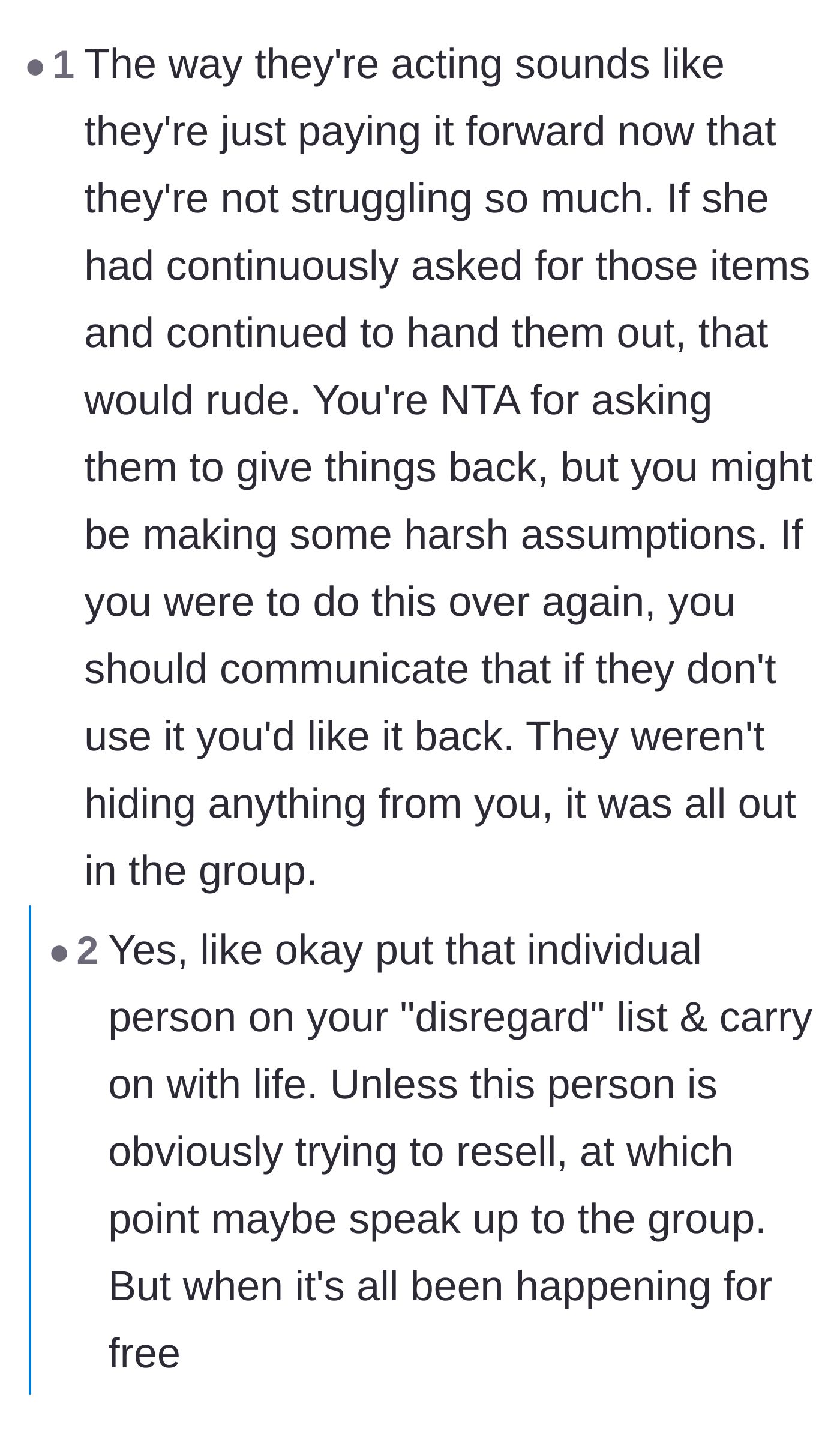 Comment thread 3 - Readers pointing out that the family was completely public and transparent about giving the items away.