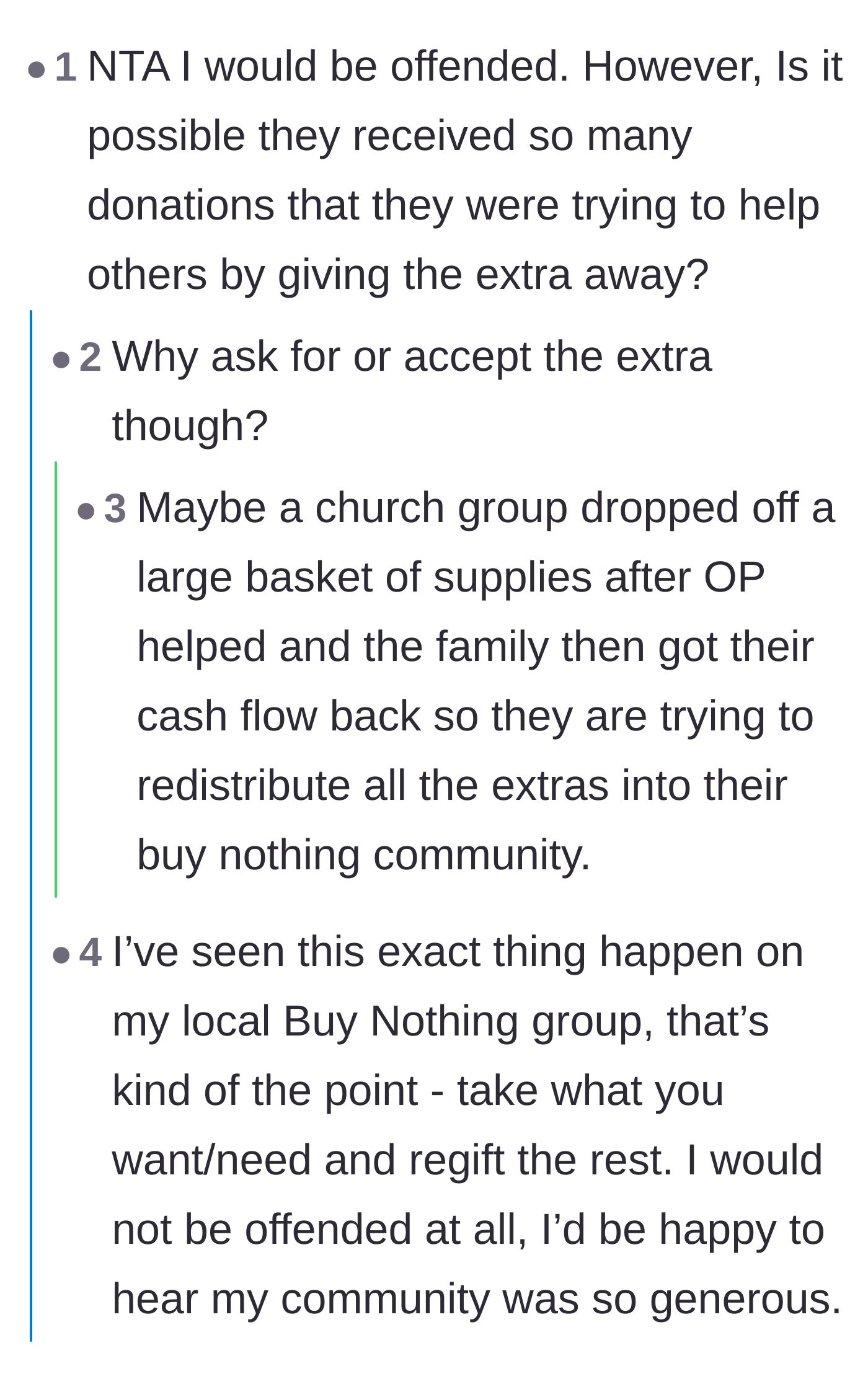 Comment thread 4 - Speculation that an overwhelming wave of neighborhood generosity led to the sudden need to redistribute items.