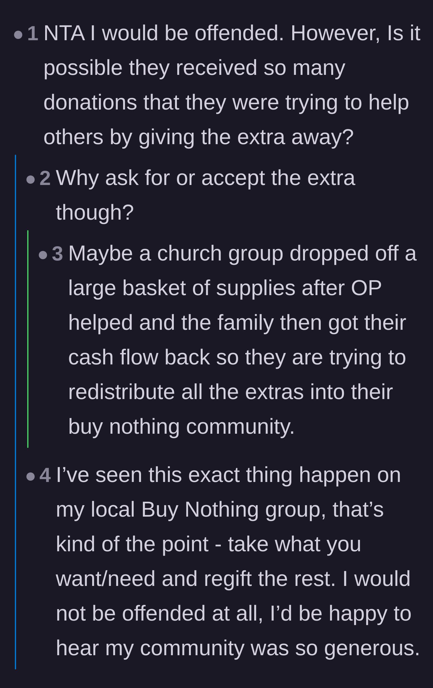 Comment thread 4 - Speculation that an overwhelming wave of neighborhood generosity led to the sudden need to redistribute items.