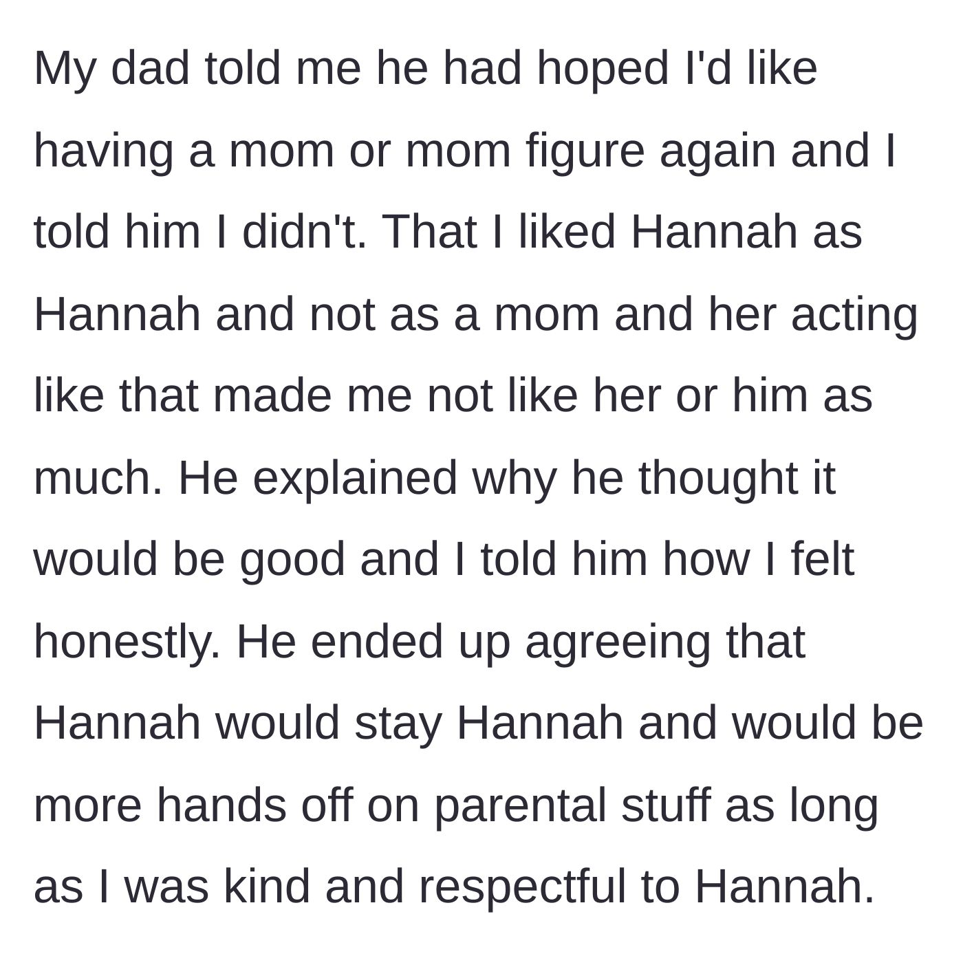 Story part 2 - The teen and her dad have a heart-to-heart, agreeing that the stepmom will step back from parenting duties to preserve their positive relationship.