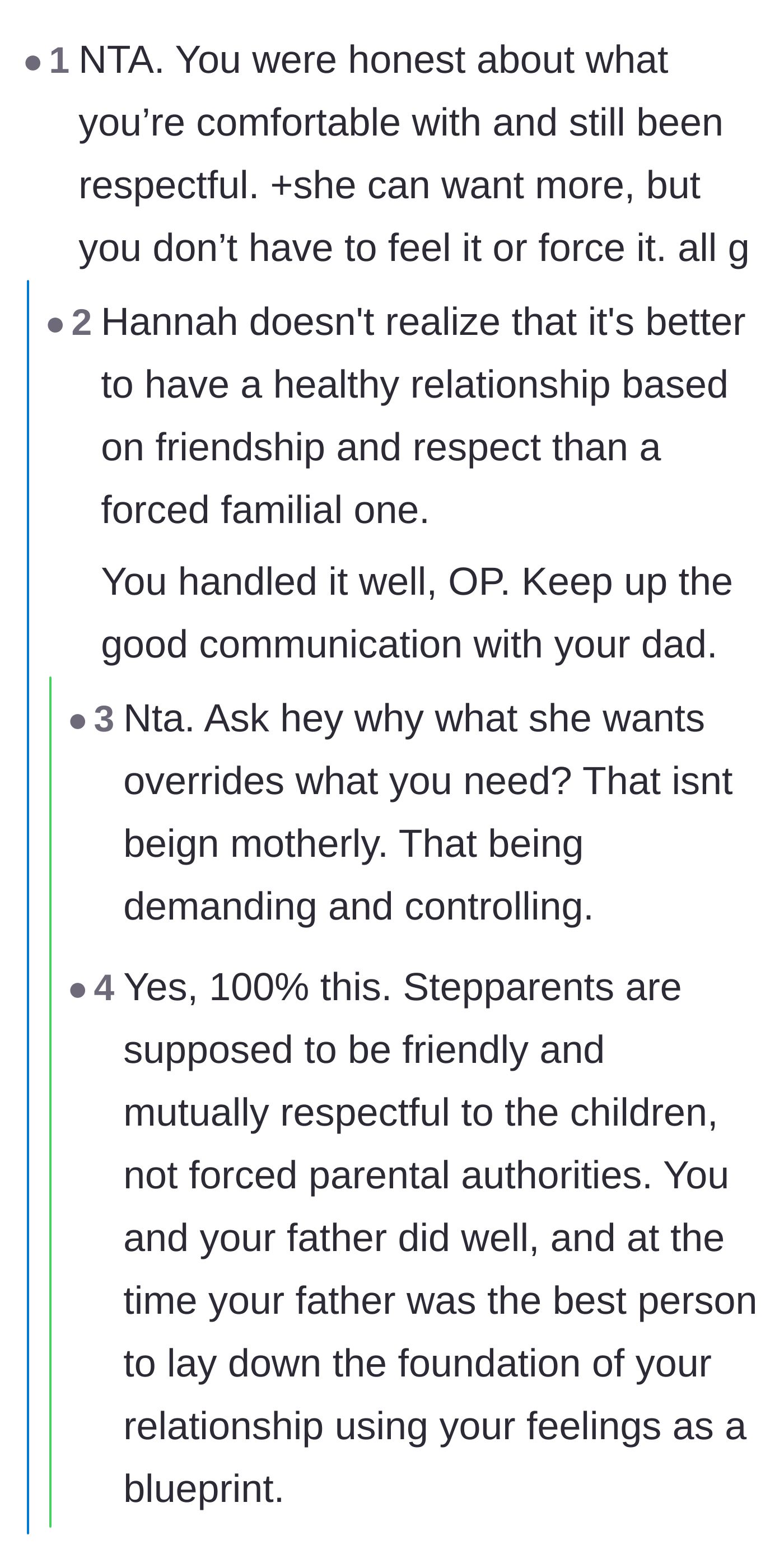 Comment thread 1 - Readers validate the teen's boundaries, agreeing that a healthy friendship with a stepparent is better than a forced parental dynamic.