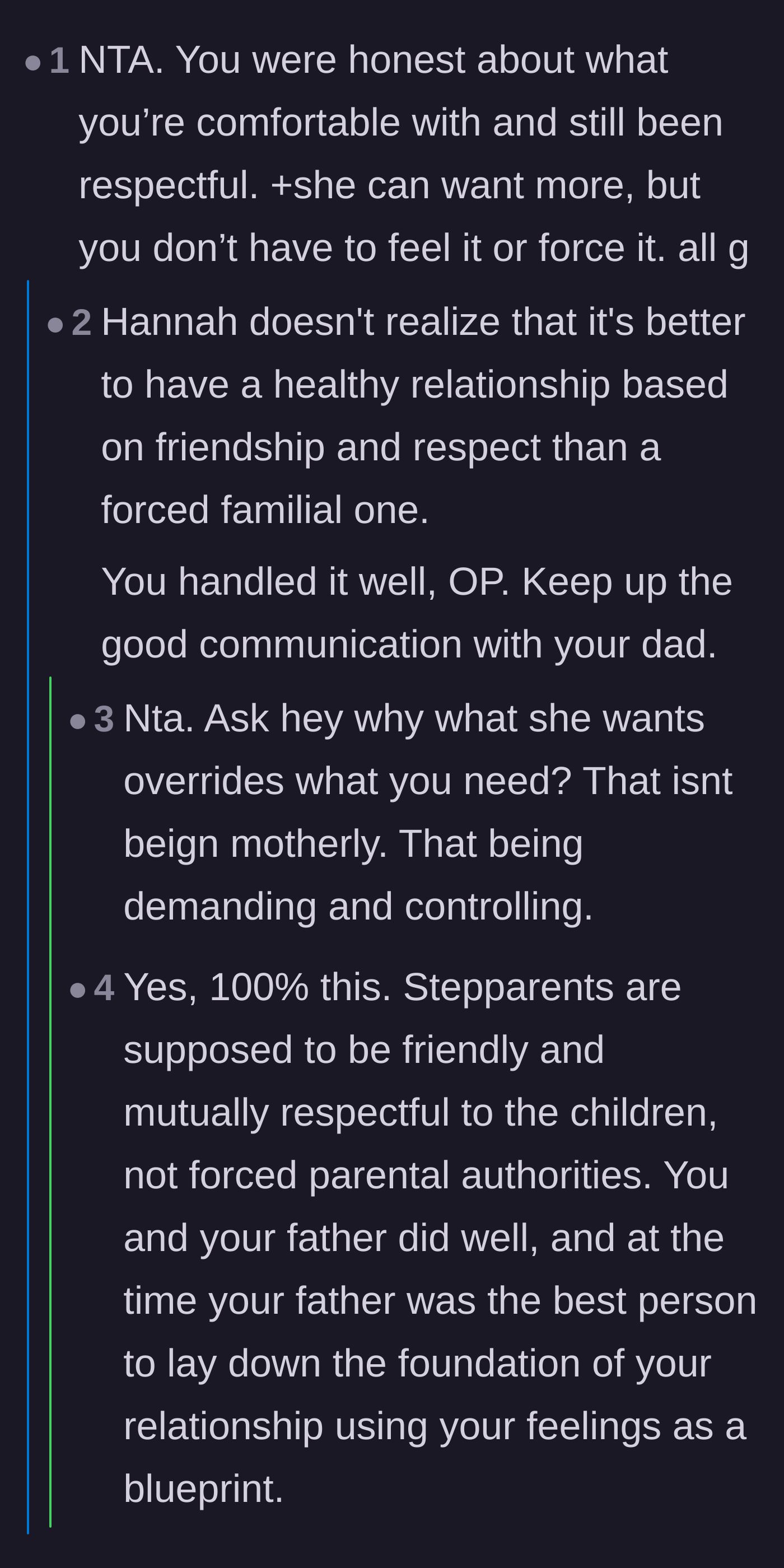 Comment thread 1 - Readers validate the teen's boundaries, agreeing that a healthy friendship with a stepparent is better than a forced parental dynamic.