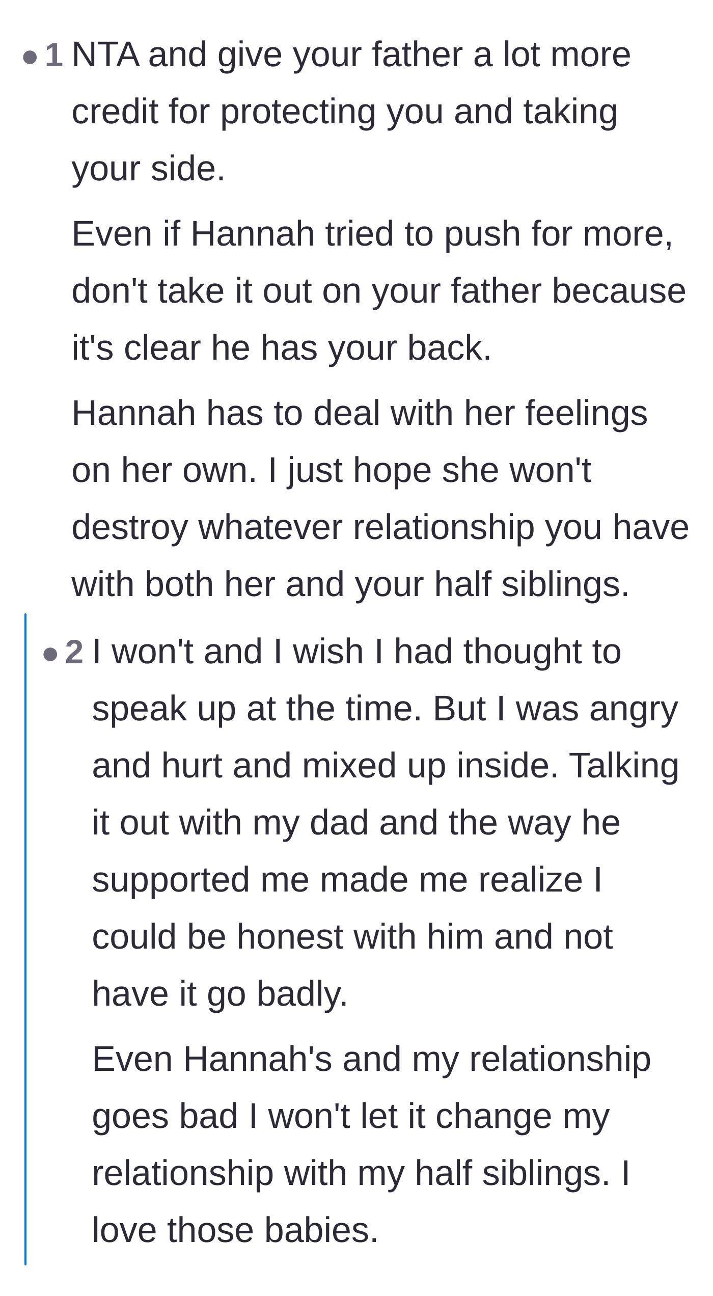 Comment thread 2 - A discussion praising the father for protecting his daughter, with the teen replying to affirm her deep love for her half-siblings.