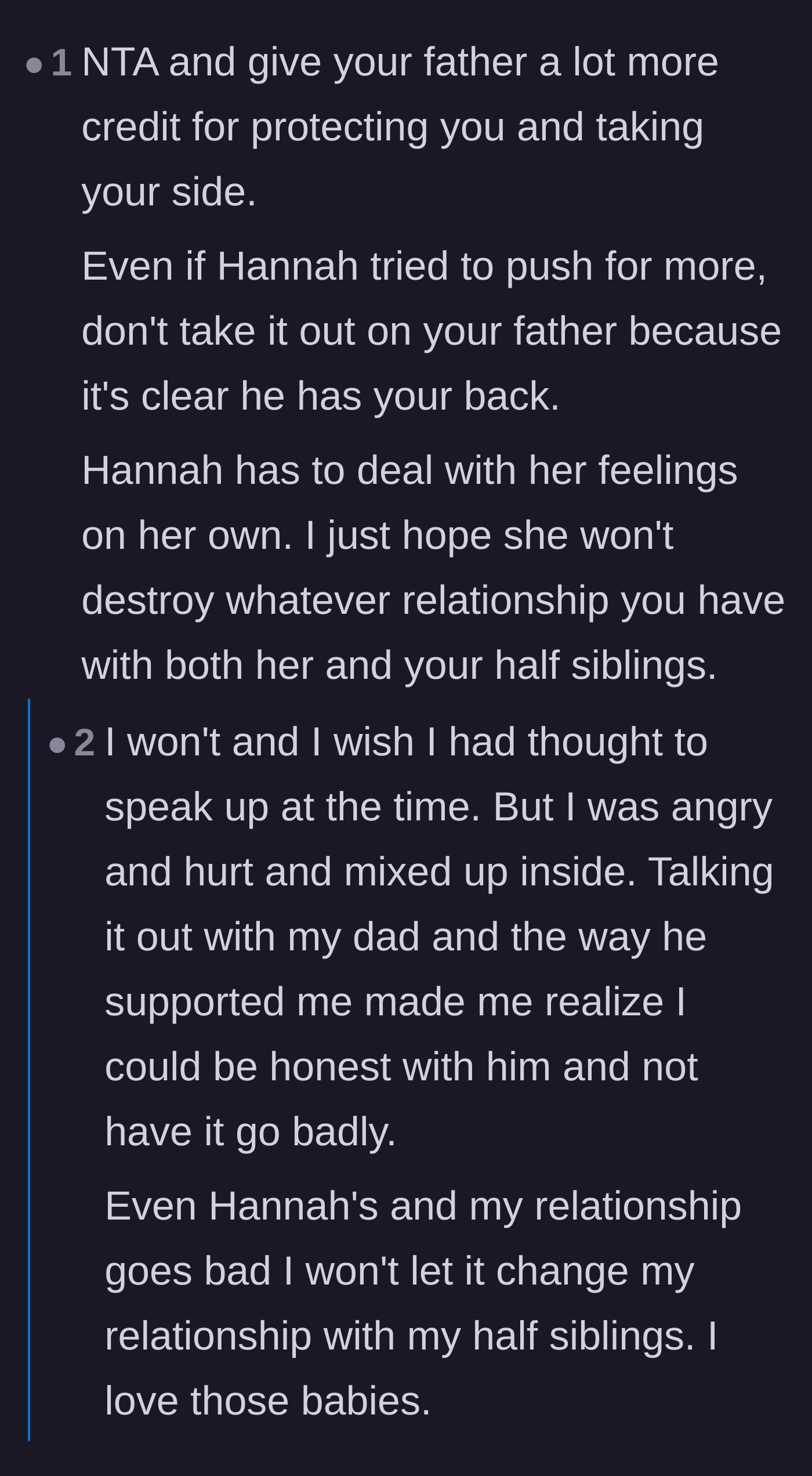 Comment thread 2 - A discussion praising the father for protecting his daughter, with the teen replying to affirm her deep love for her half-siblings.