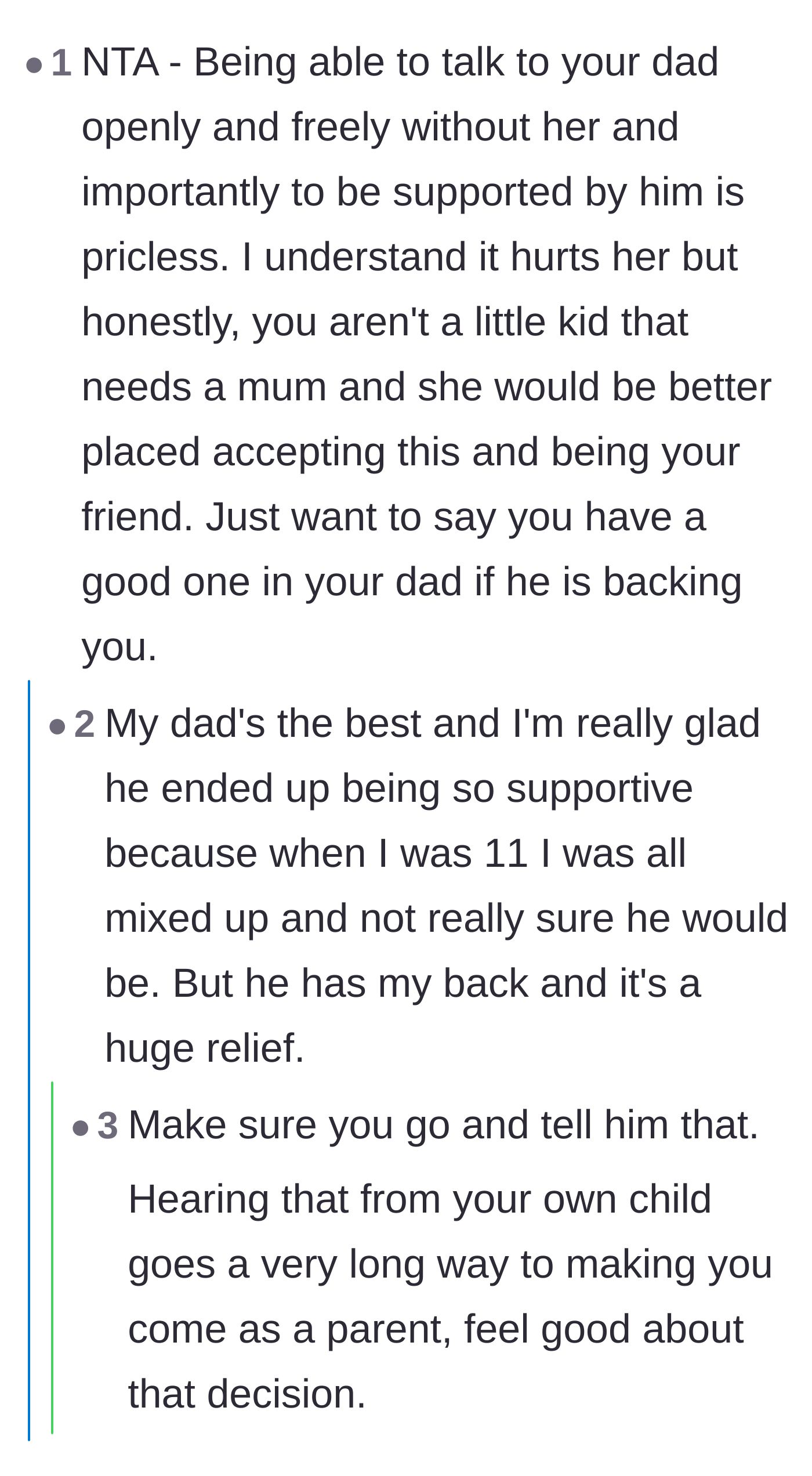 Comment thread 3 - Readers celebrate the open communication between father and daughter, encouraging the teen to tell her dad how much his support means.