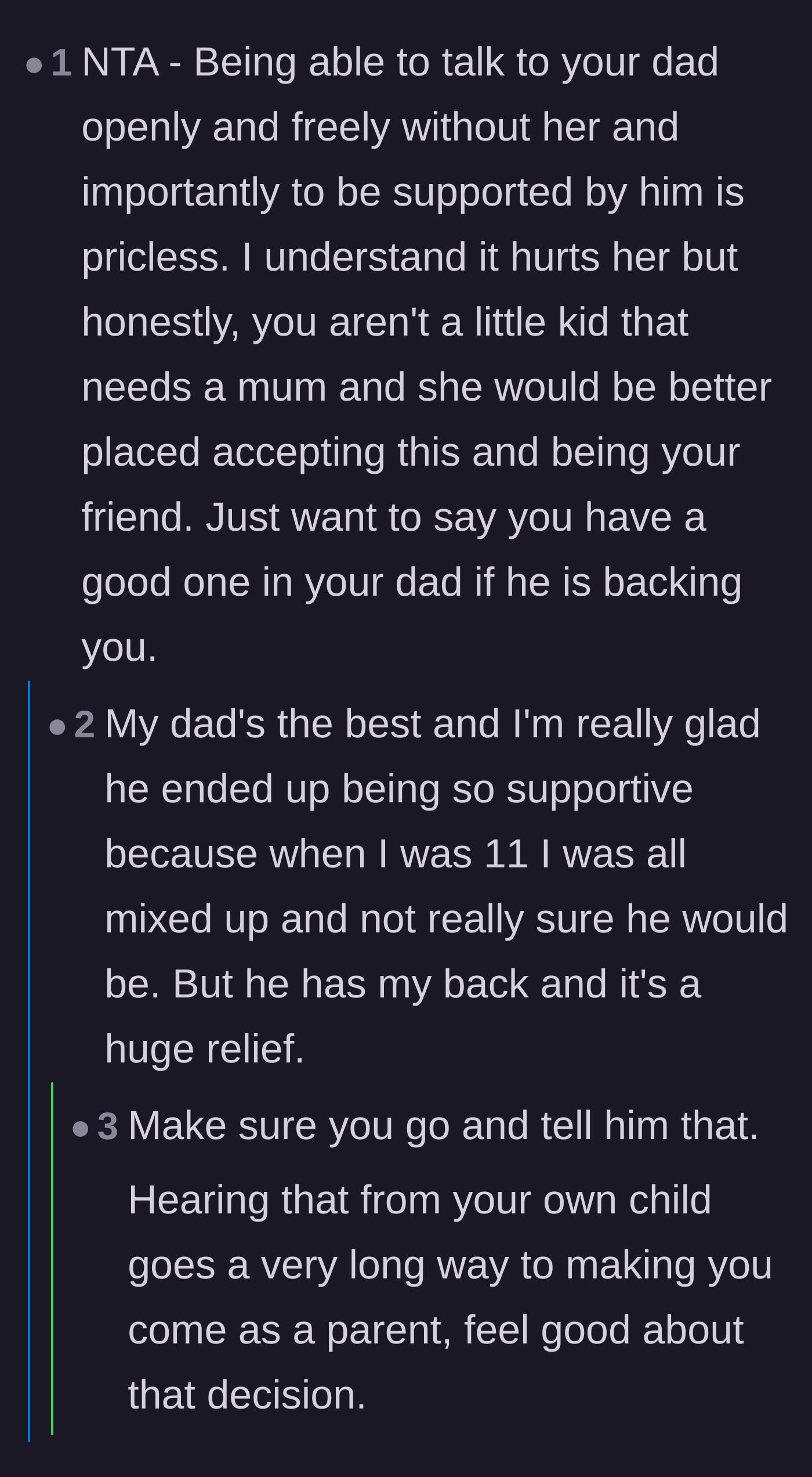 Comment thread 3 - Readers celebrate the open communication between father and daughter, encouraging the teen to tell her dad how much his support means.
