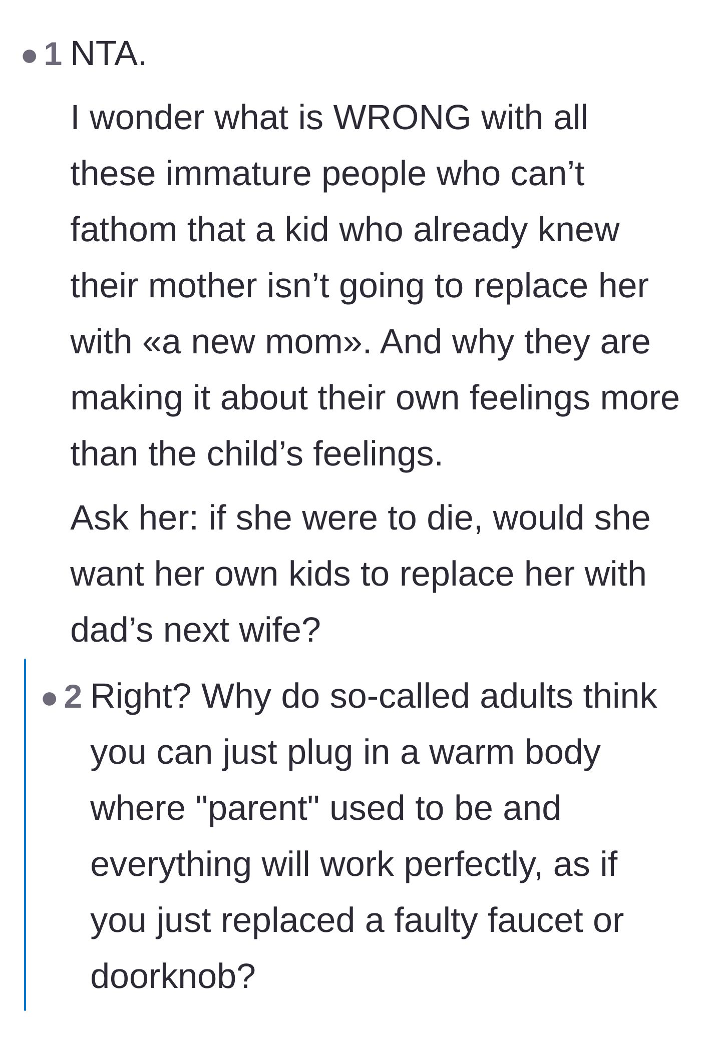 Comment thread 4 - Commenters express frustration at adults who expect grieving children to simply replace a deceased parent with a new partner.
