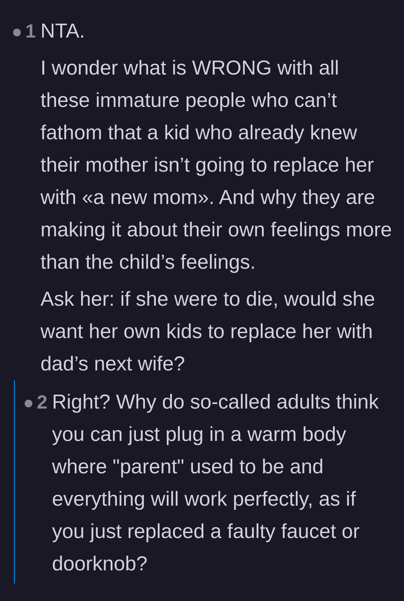 Comment thread 4 - Commenters express frustration at adults who expect grieving children to simply replace a deceased parent with a new partner.