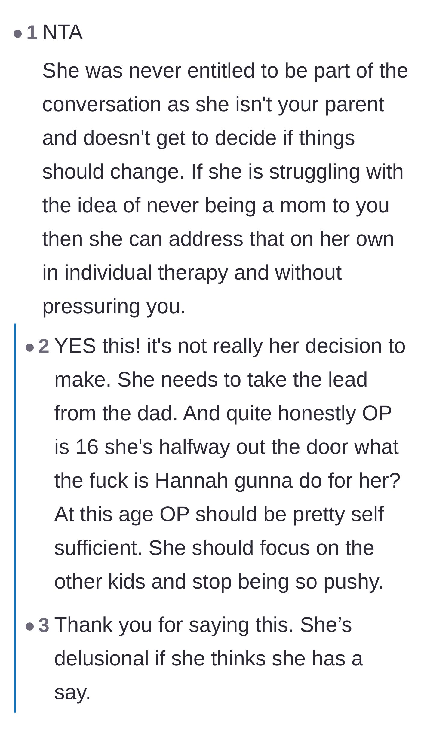 Comment thread 5 - Readers point out the stepmom was never entitled to be part of the initial conversation and needs to manage her own disappointment.