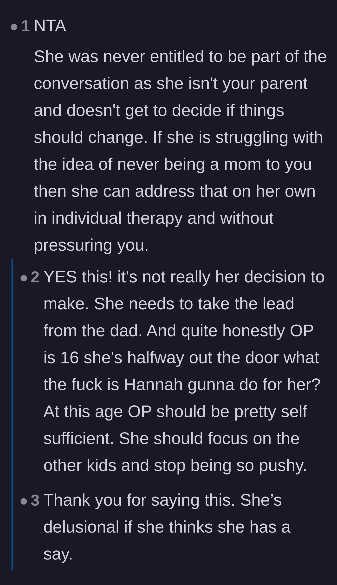 Comment thread 5 - Readers point out the stepmom was never entitled to be part of the initial conversation and needs to manage her own disappointment.
