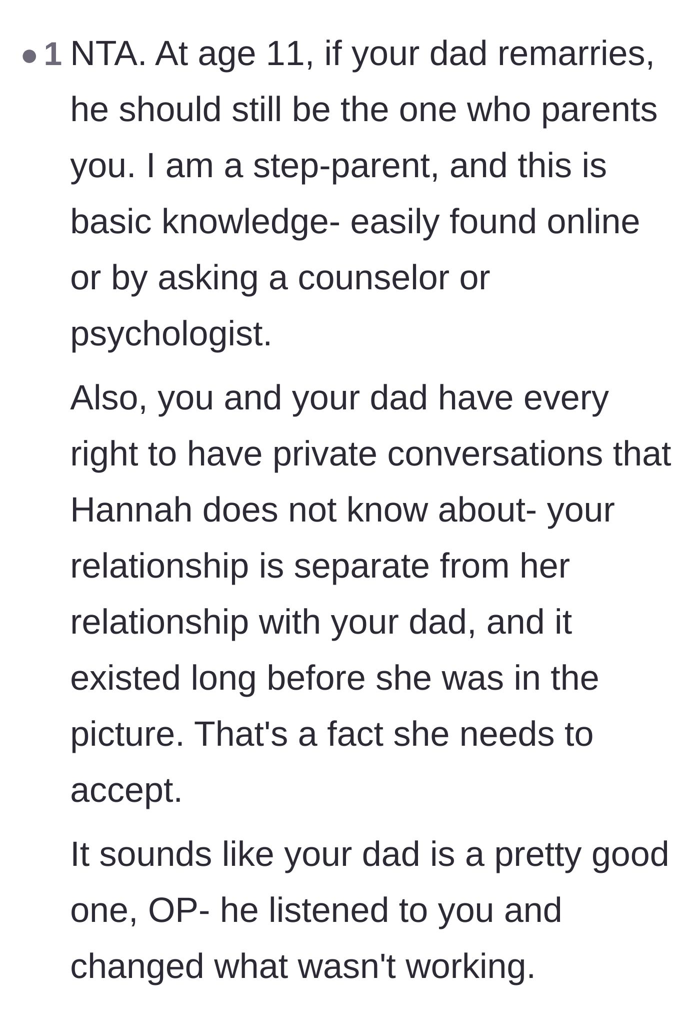 Comment thread 6 - An actual step-parent chimes in to validate that biological parents should take the lead on parenting and are allowed to have private conversations.