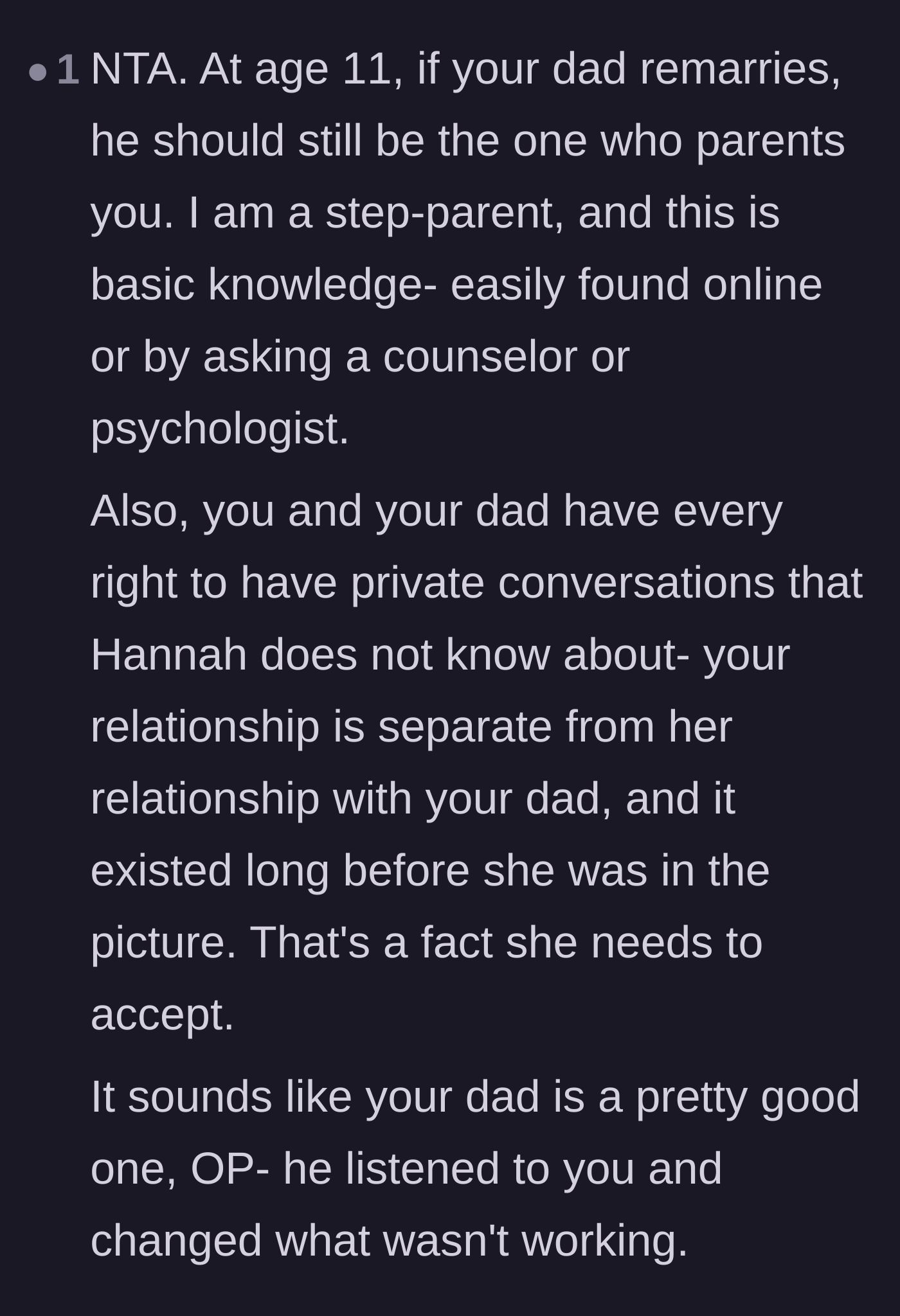 Comment thread 6 - An actual step-parent chimes in to validate that biological parents should take the lead on parenting and are allowed to have private conversations.