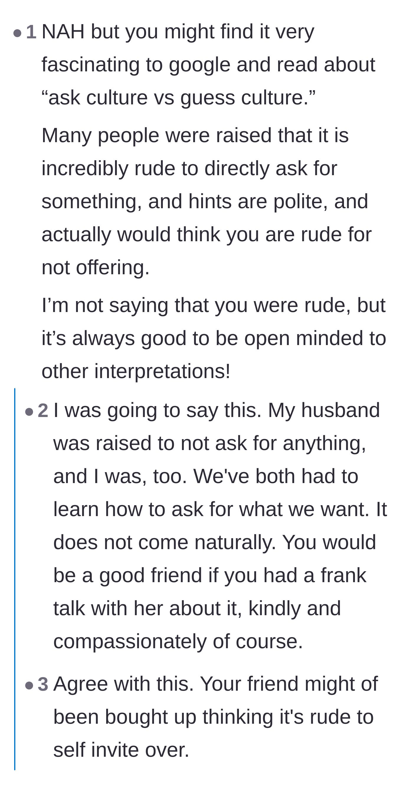 Comment thread 3 - Discussion about ask versus guess culture and upbringing.