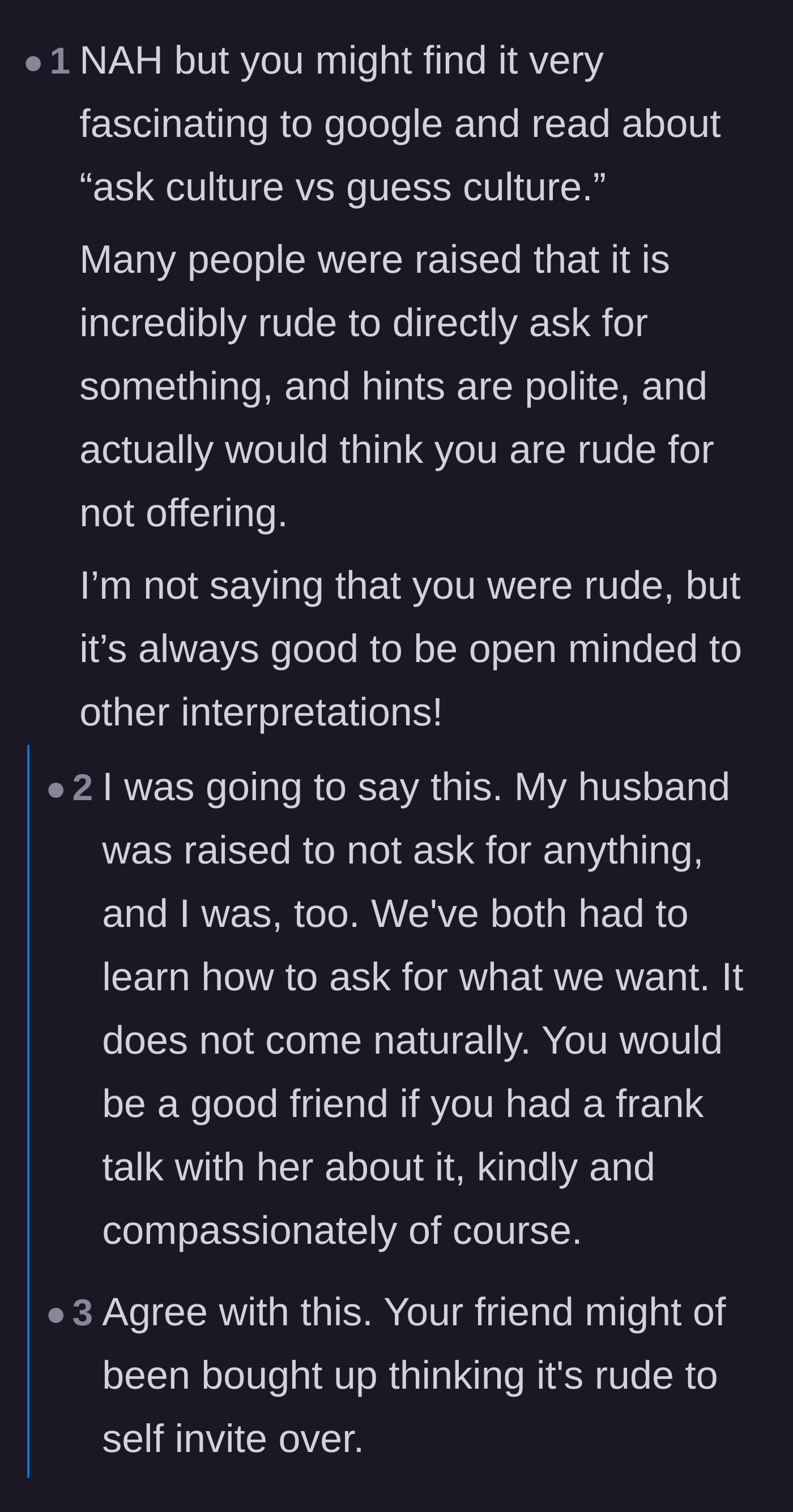 Comment thread 3 - Discussion about ask versus guess culture and upbringing.