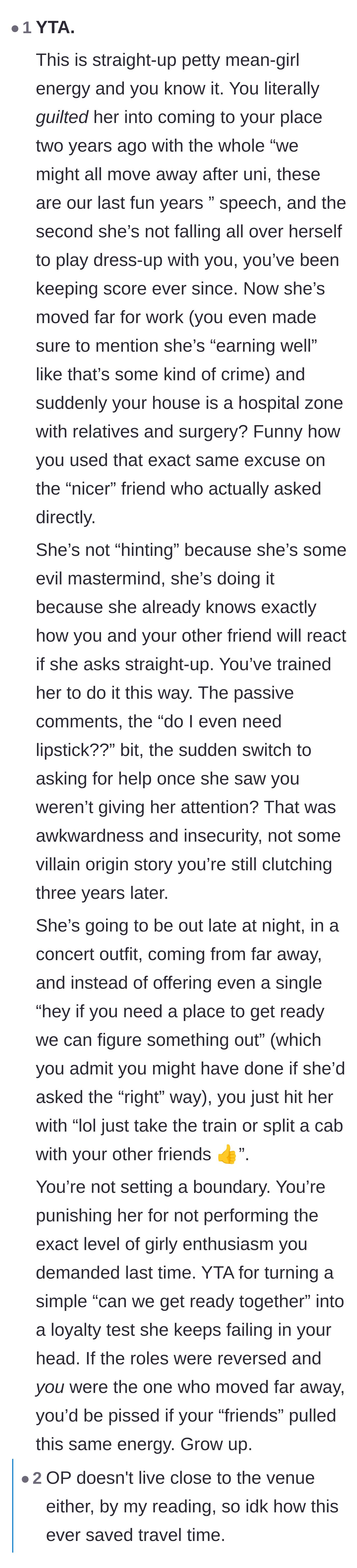 Comment thread 5 - A critical response accusing the main character of being a mean girl and keeping score.