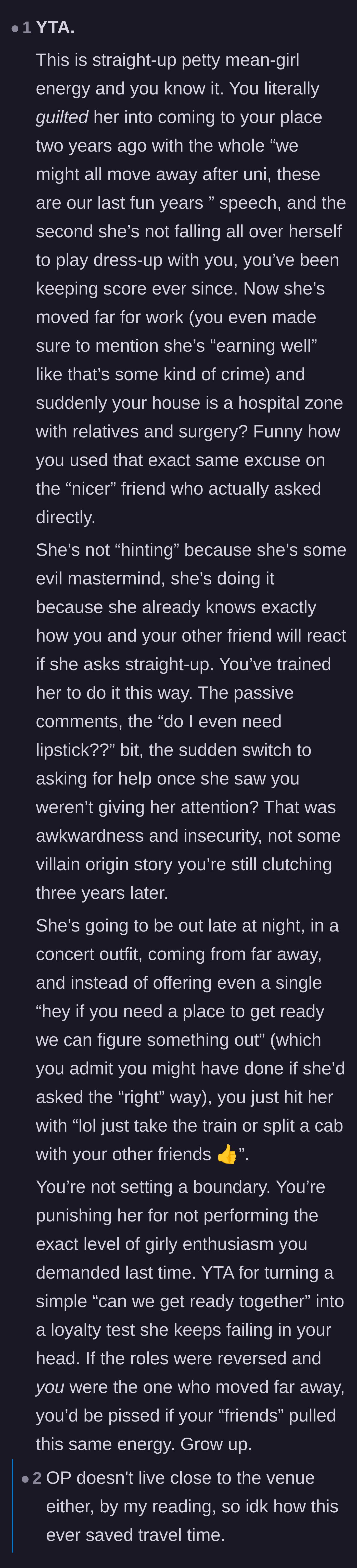 Comment thread 5 - A critical response accusing the main character of being a mean girl and keeping score.