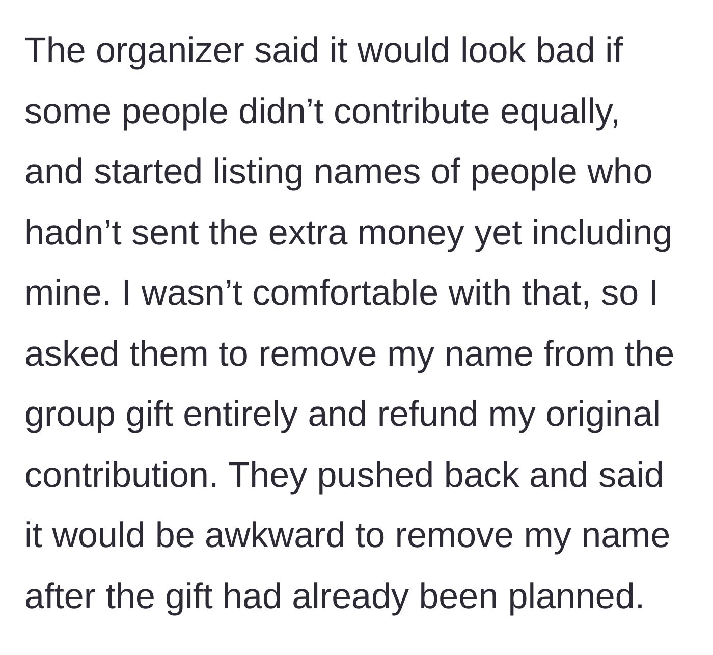 Story part 3 - The organizer publicly posts a list of names of those who haven't paid the extra fee, prompting the author to demand a full refund.