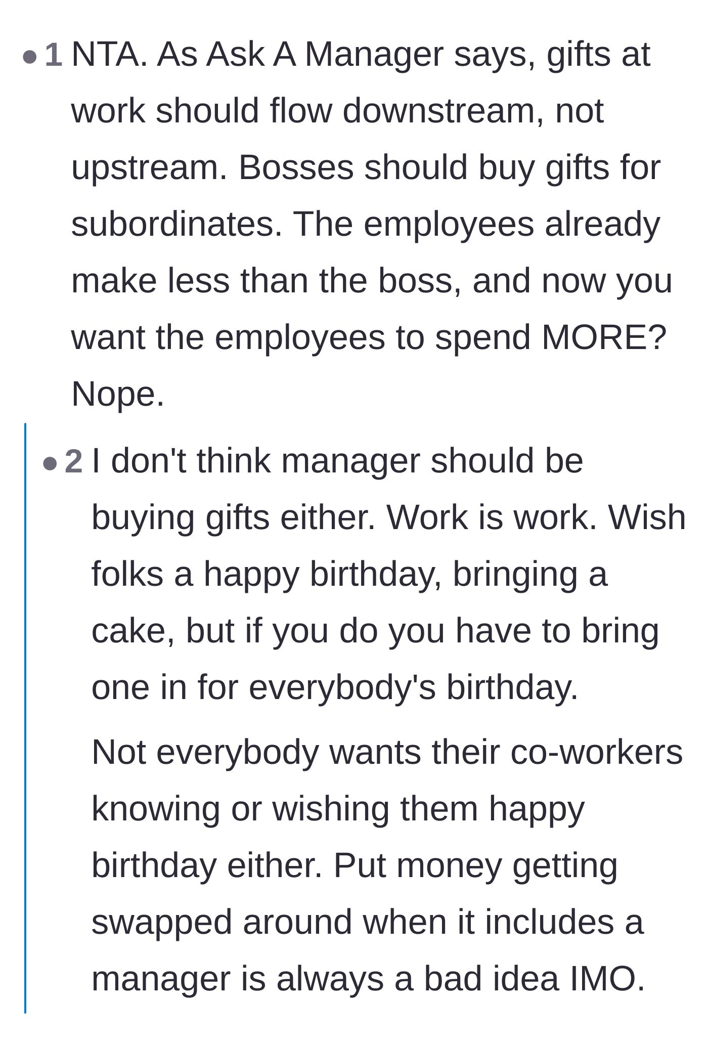 Comment thread 1 - Discussion on the golden rule that workplace gifts should only flow downward, not toward management.