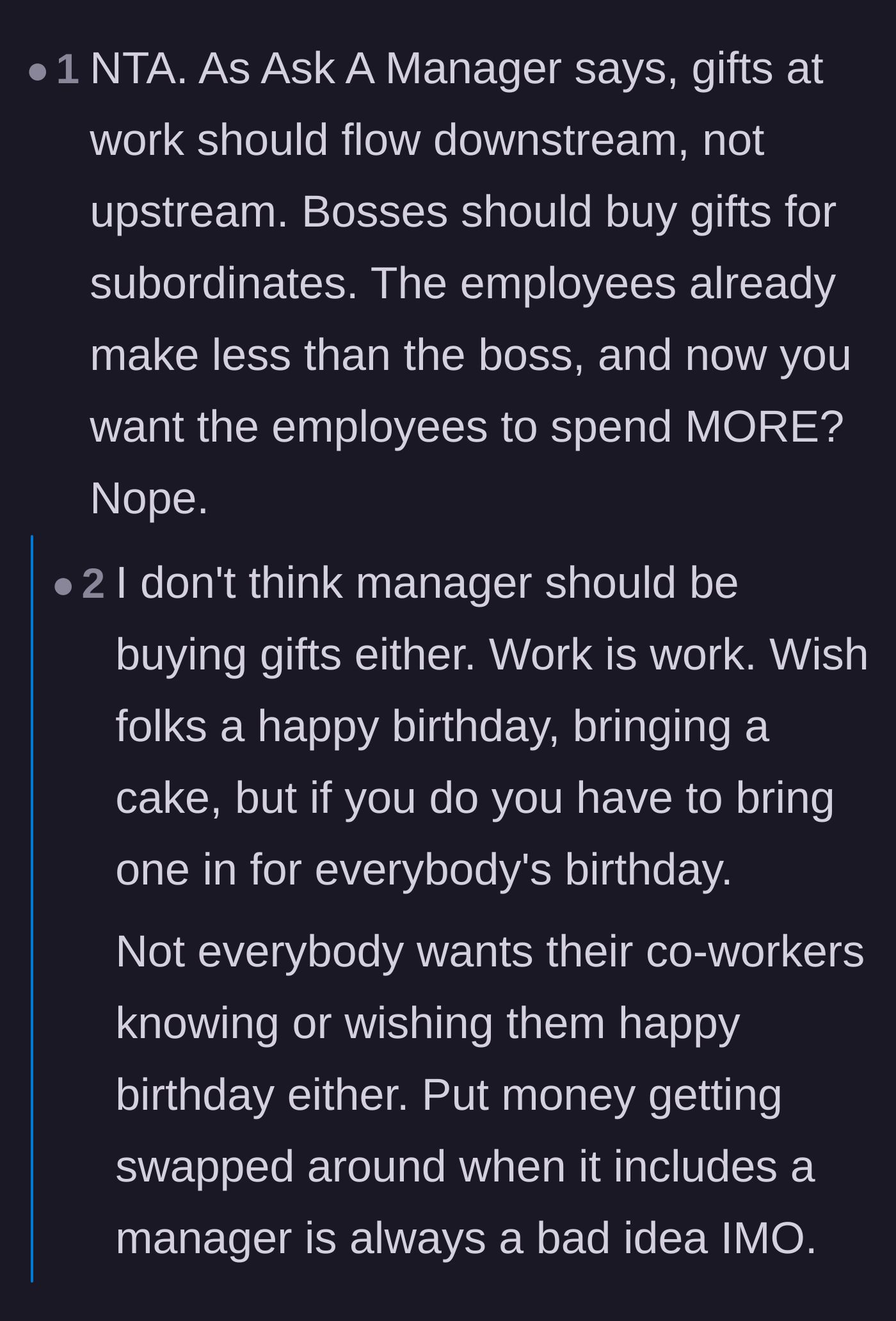 Comment thread 1 - Discussion on the golden rule that workplace gifts should only flow downward, not toward management.