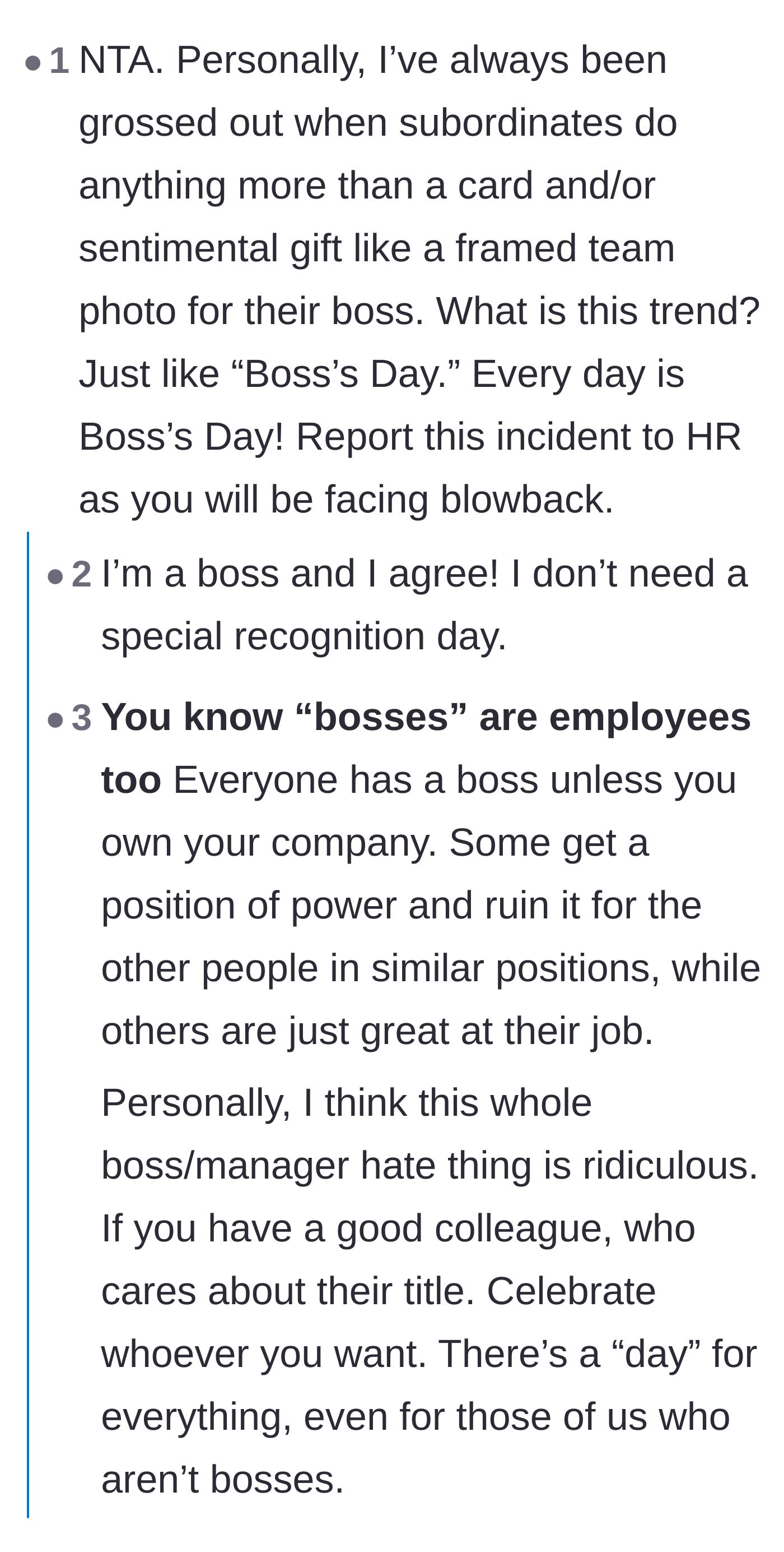 Comment thread 2 - A debate on whether Boss's Day is inherently gross or if good managers still deserve celebration.
